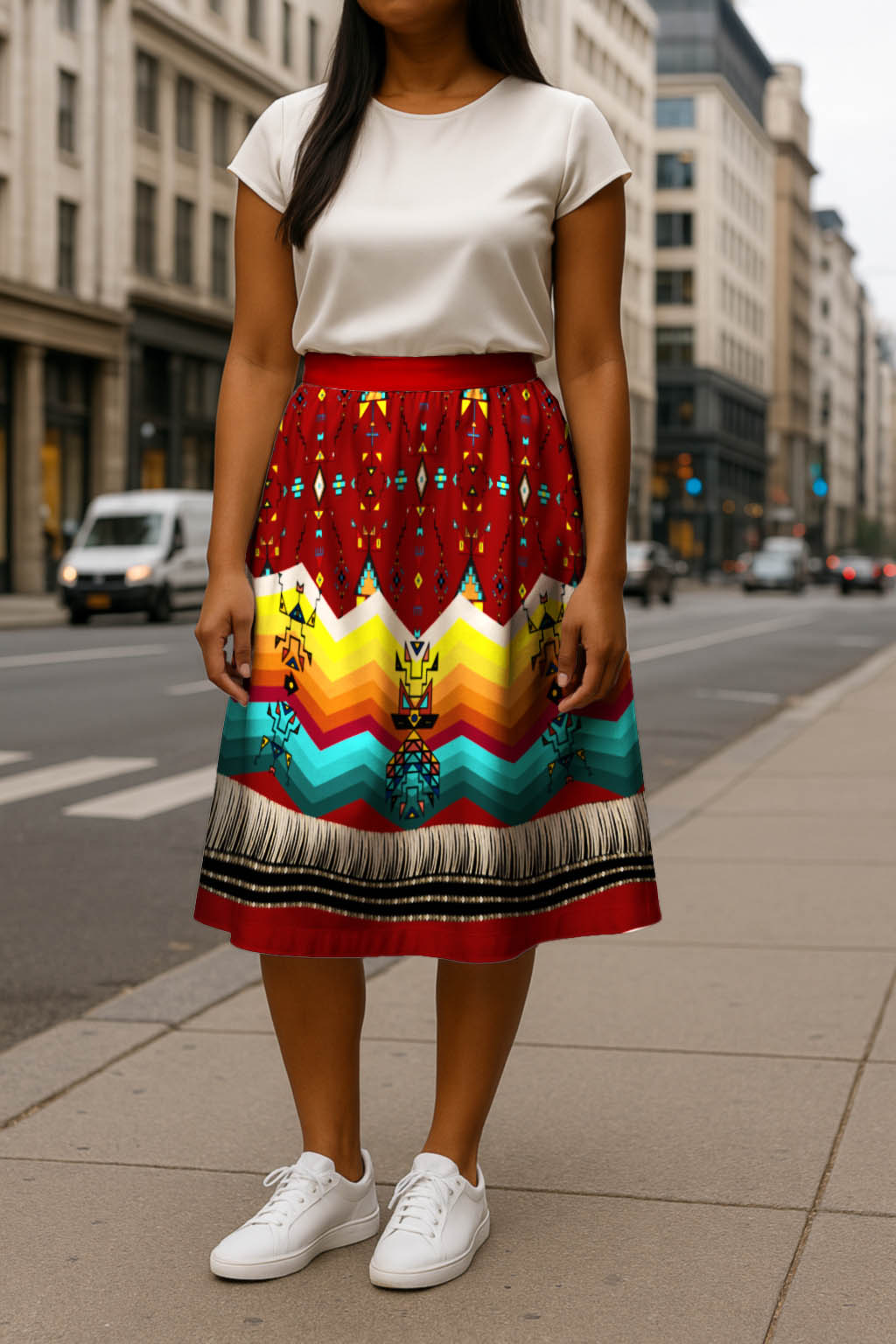 Sentinel of the Plains Red 1 Elastic Waist Pocket Midi Skirt