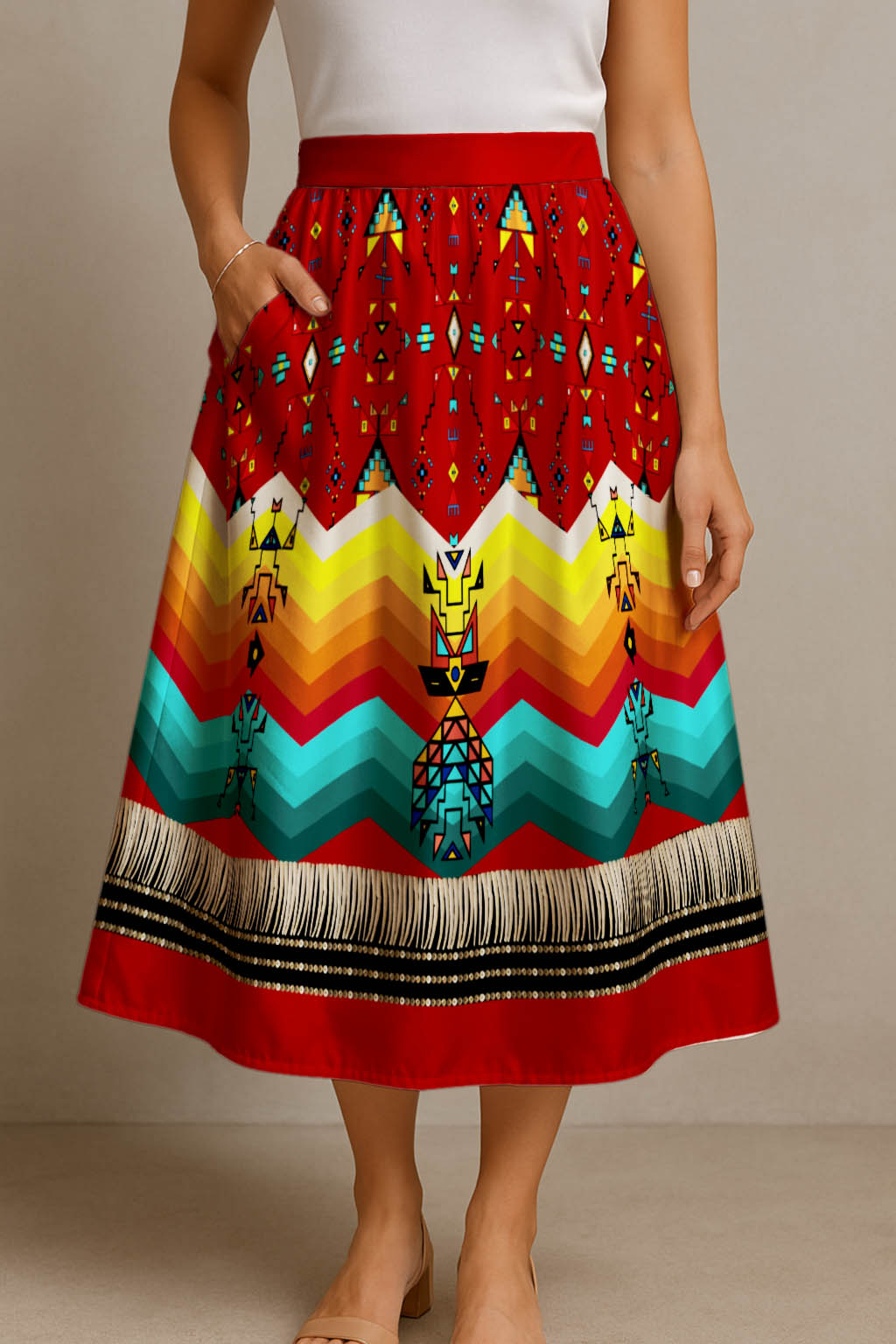 Sentinel of the Plains Red 1 Elastic Waist Pocket Midi Skirt