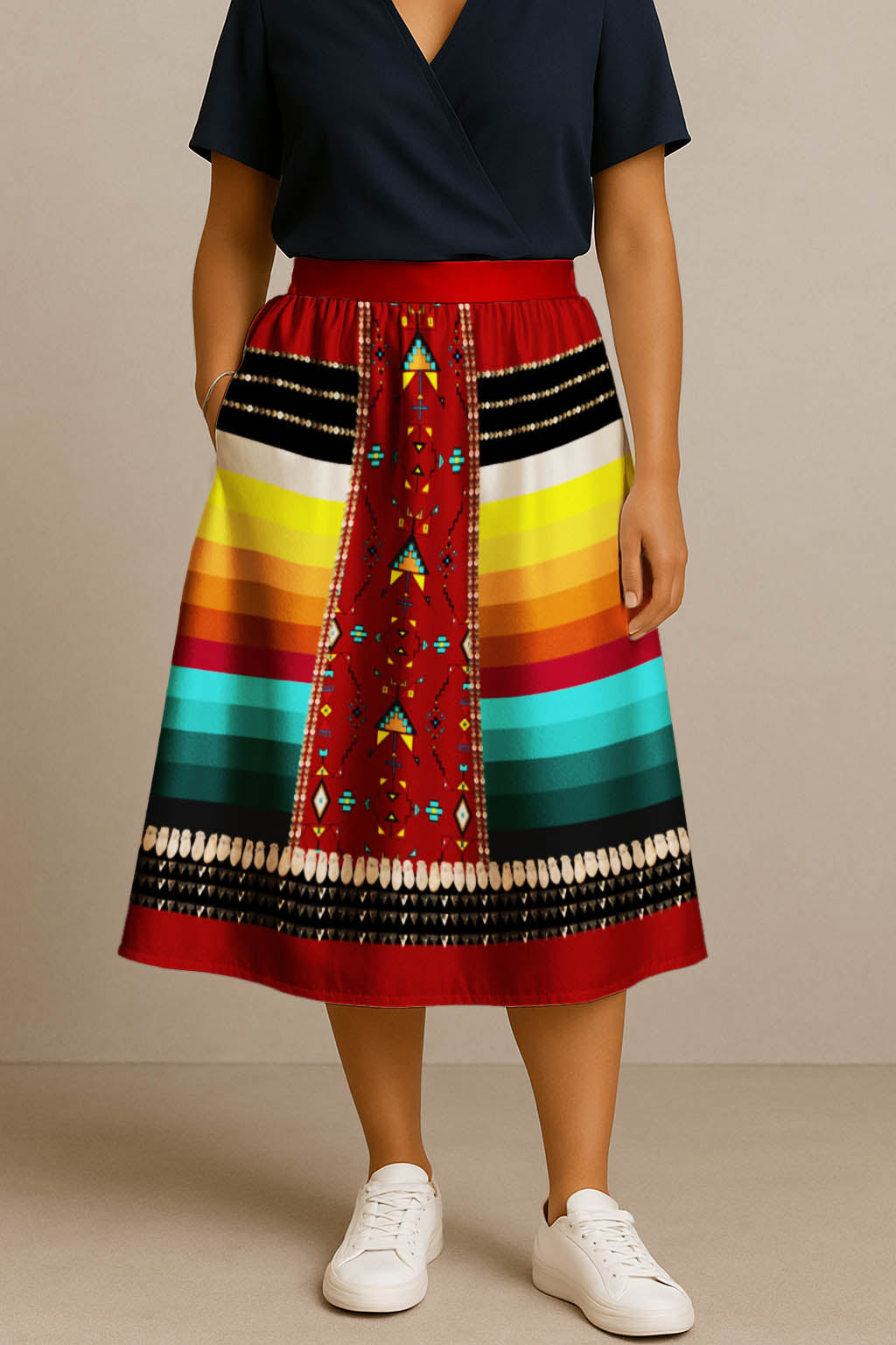 Sentinel of the Plains Red 2 Elastic Waist Pocket Midi Skirt