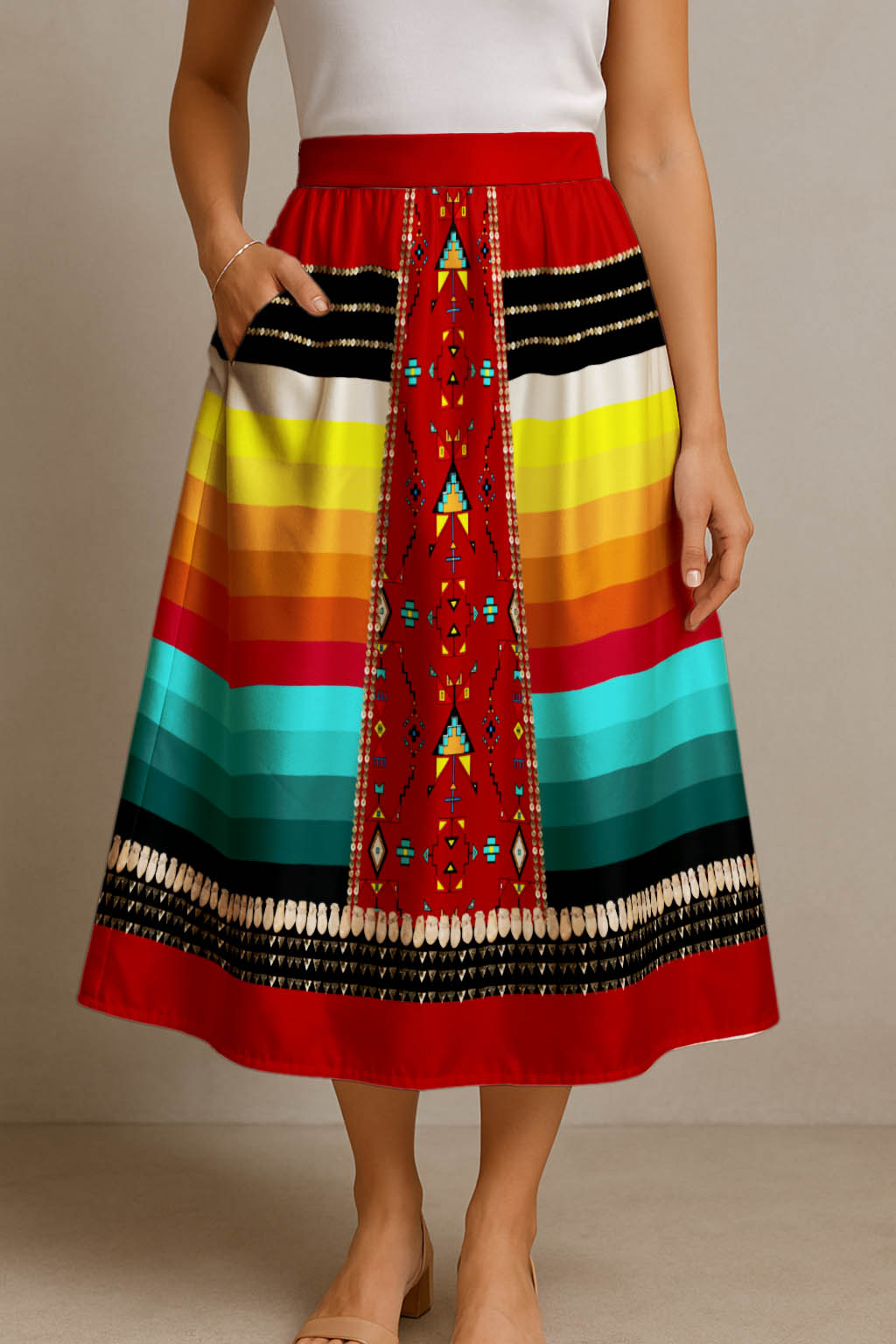 Sentinel of the Plains Red 2 Elastic Waist Pocket Midi Skirt