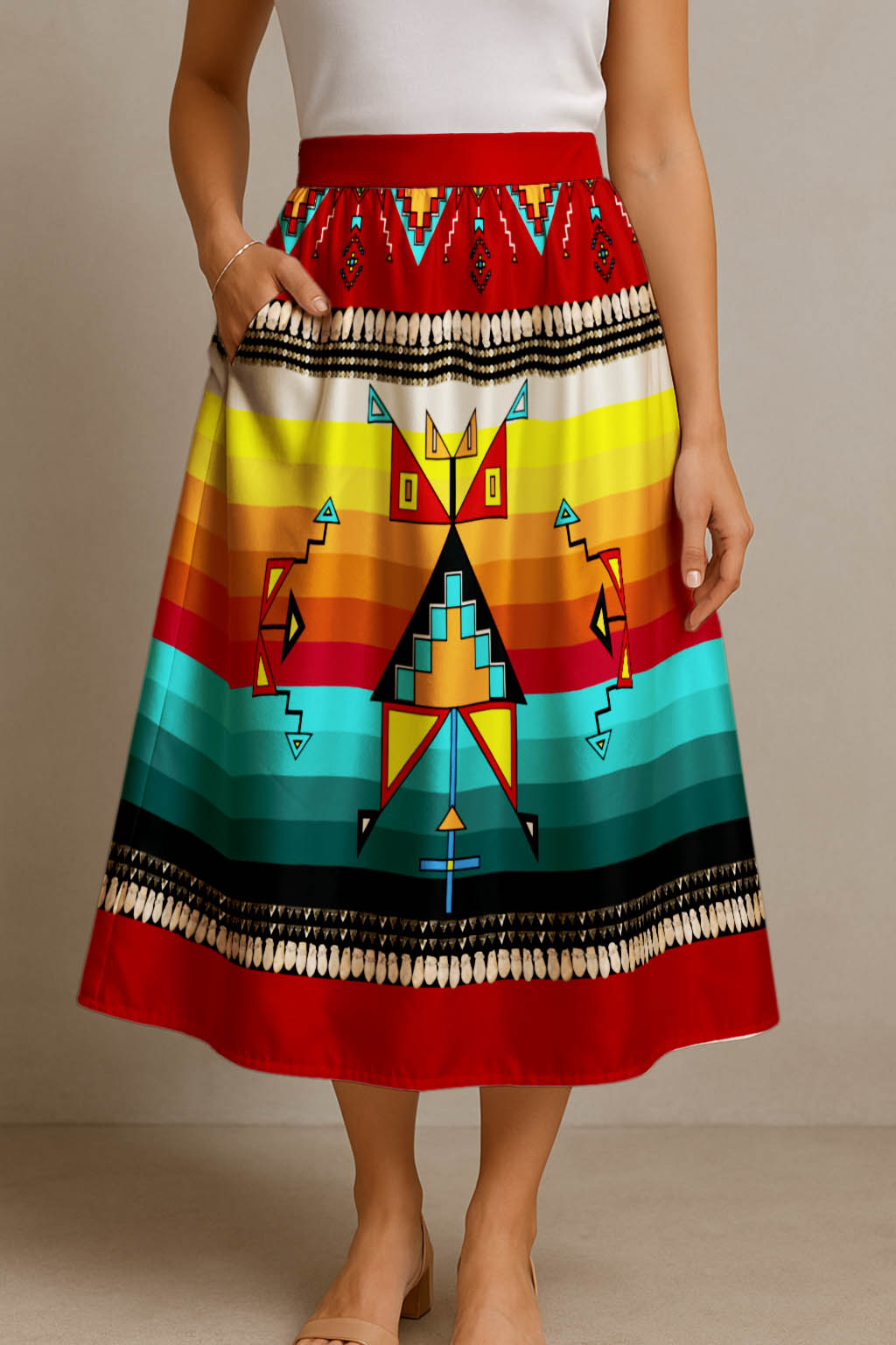 Sentinel of the Plains Red 3 Elastic Waist Pocket Midi Skirt
