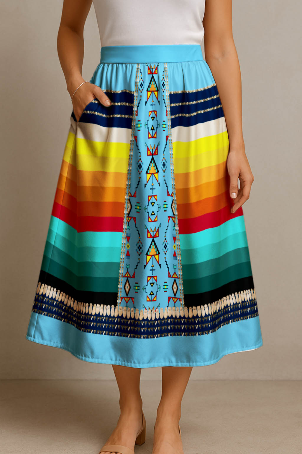 Sentinel of the Plains Turquoise 2 Elastic Waist Pocket Midi Skirt