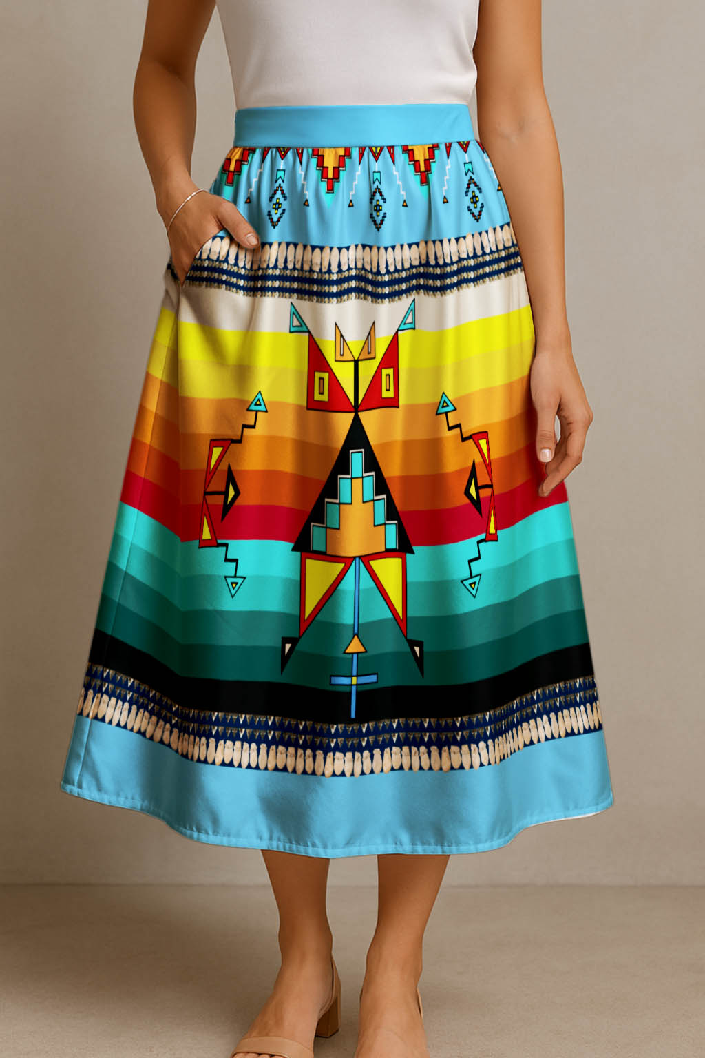Sentinel of the Plains Turquoise 3 Elastic Waist Pocket Midi Skirt