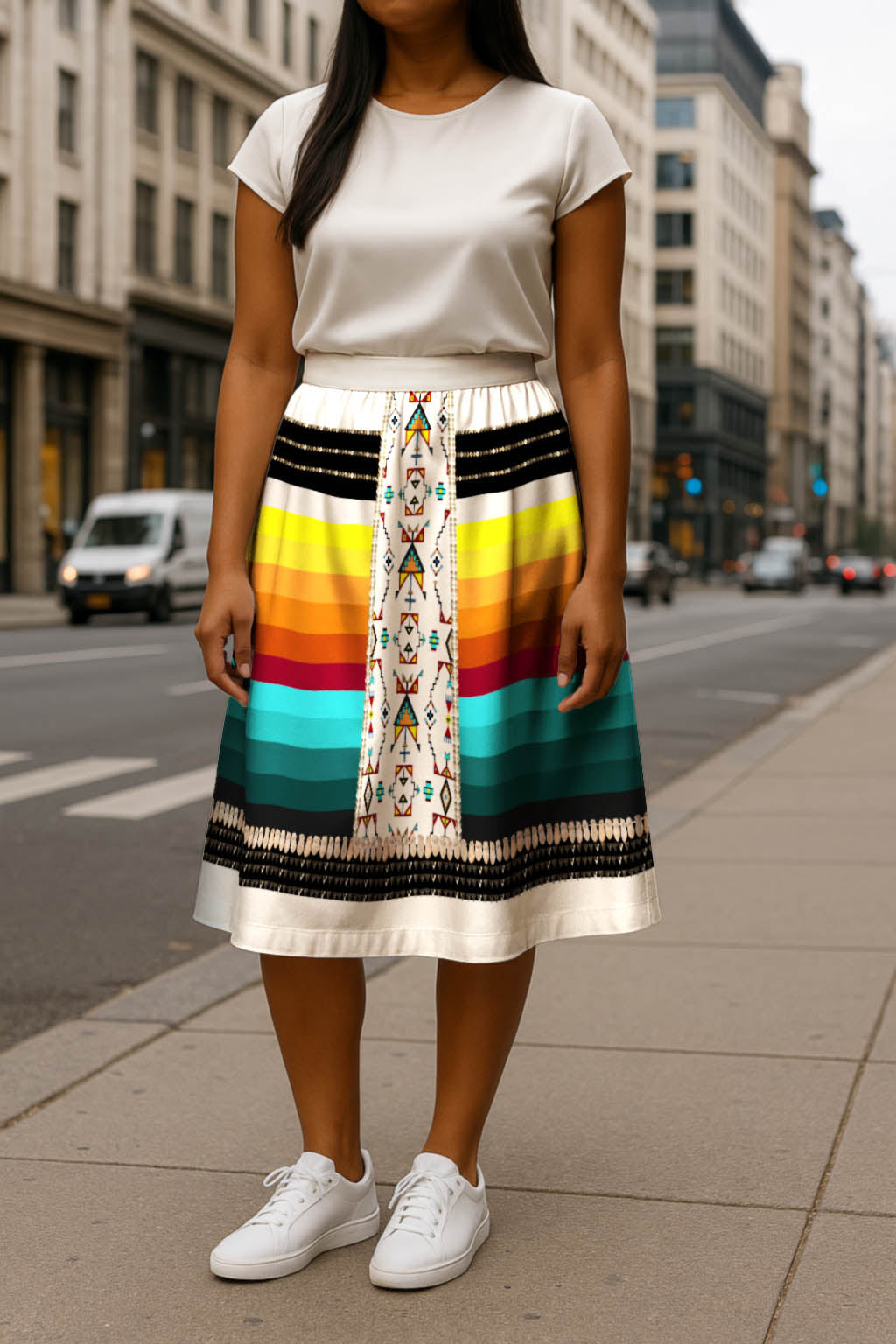 Sentinel of the Plains White 2 Elastic Waist Pocket Midi Skirt