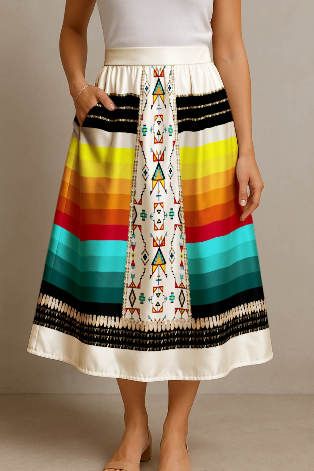 Sentinel of the Plains White 2 Elastic Waist Pocket Midi Skirt