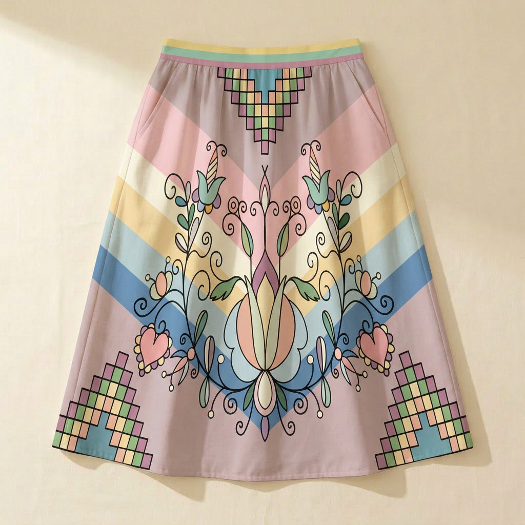 Sweet Grass Bloom Pastel Elastic Waist Pocket Midi Skirt