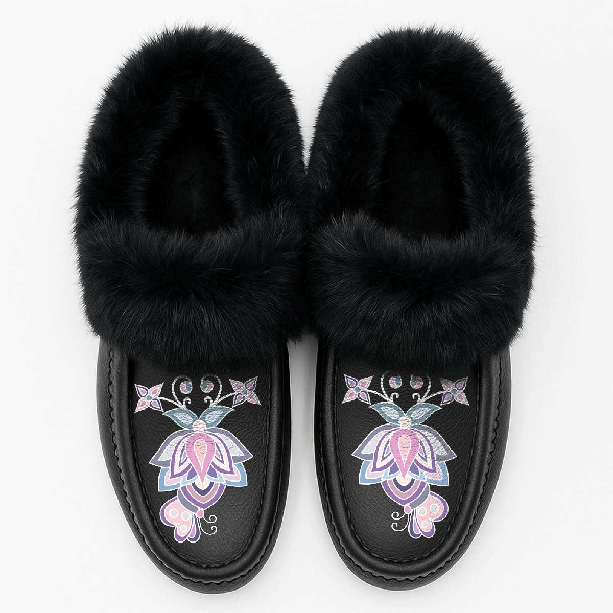 Snow Petal Spirit Black Leather Black Fur Moccasin