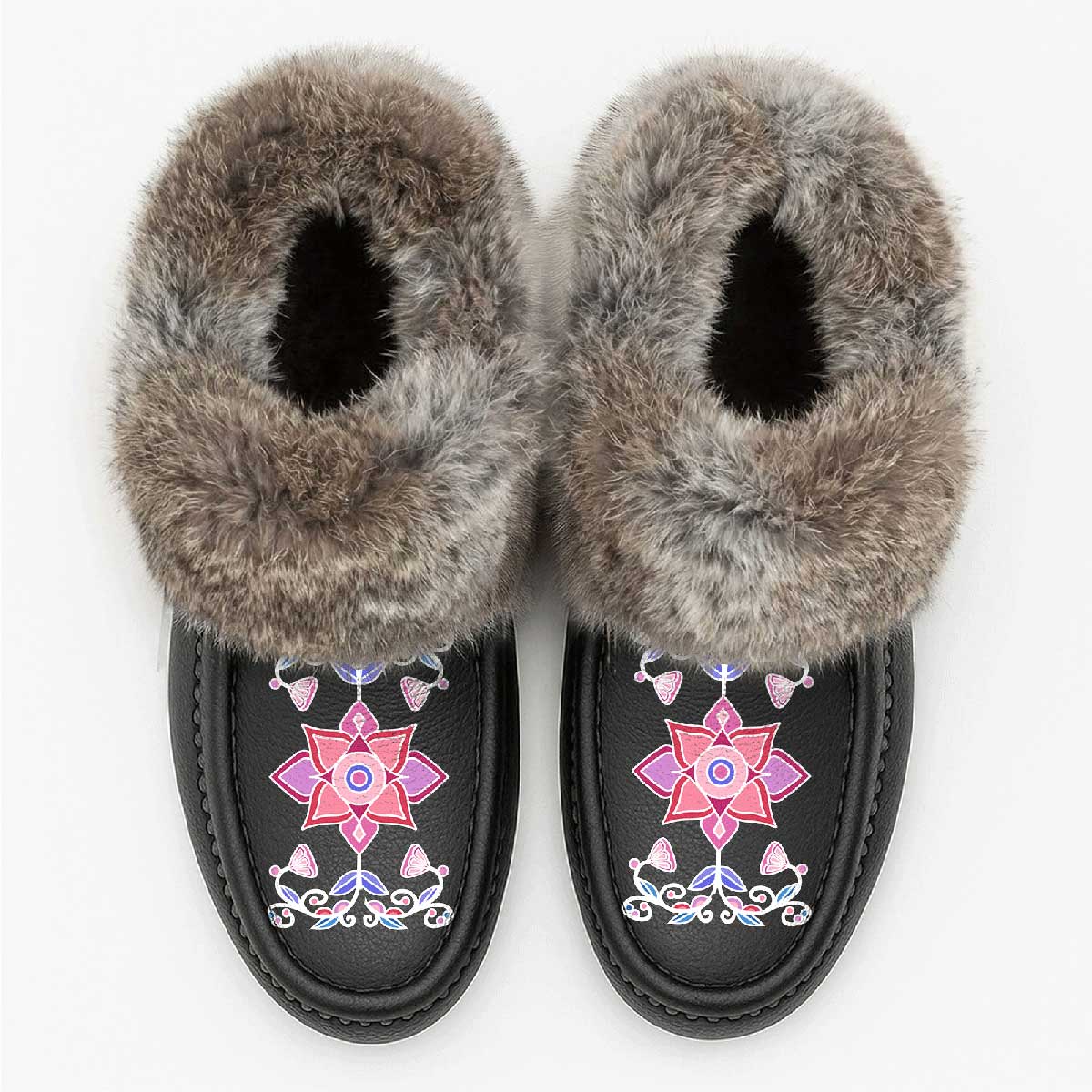 Frost Flower Circle Black Leather Mottled Fur Moccasin