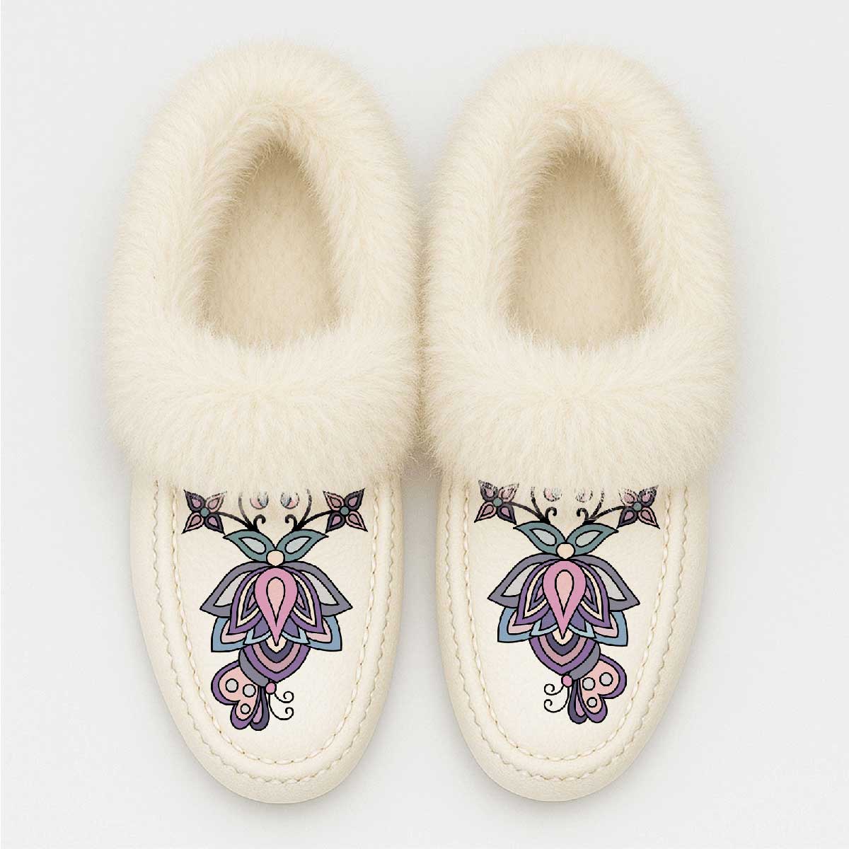 Snow Petal Spirit White Leather White Fur Moccasin