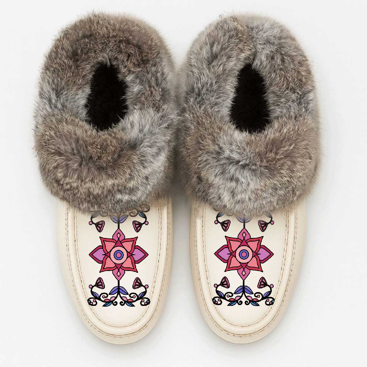 Frost Flower Circle White Leather Mottled Fur Moccasin