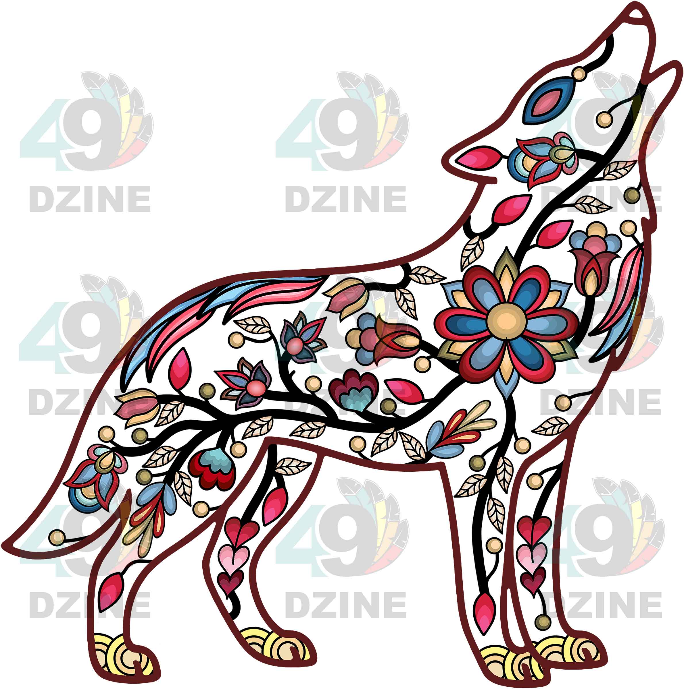 Wolf Floral Motif 2 Various Sizes