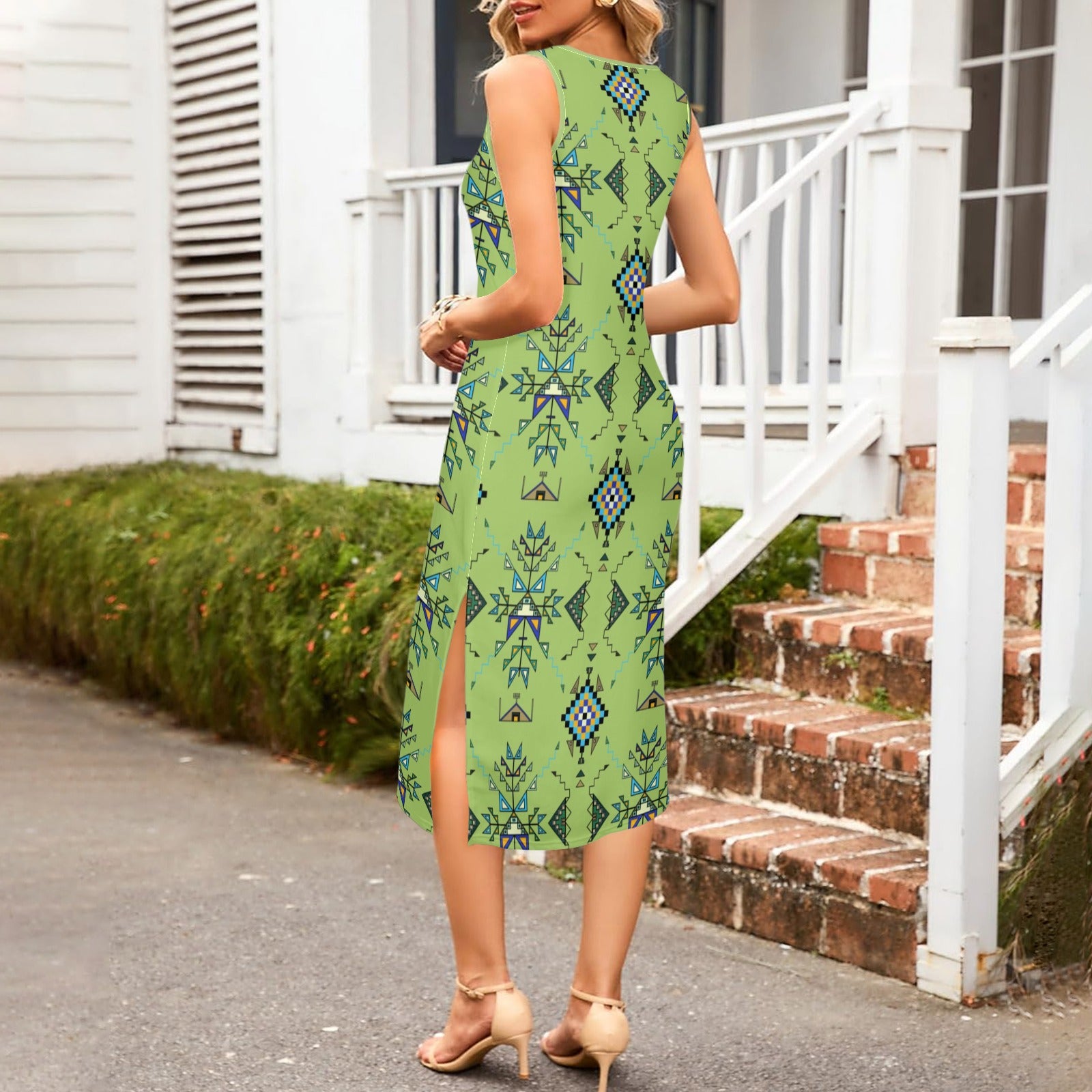 Bear Shield Green Phaedra Sleeveless Open Fork Long Dress