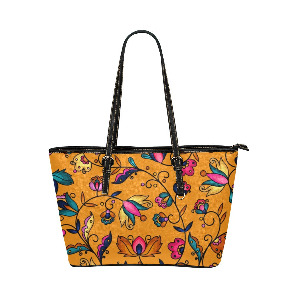 Copper Prairie Petals Orange Leather Tote Bag/Large