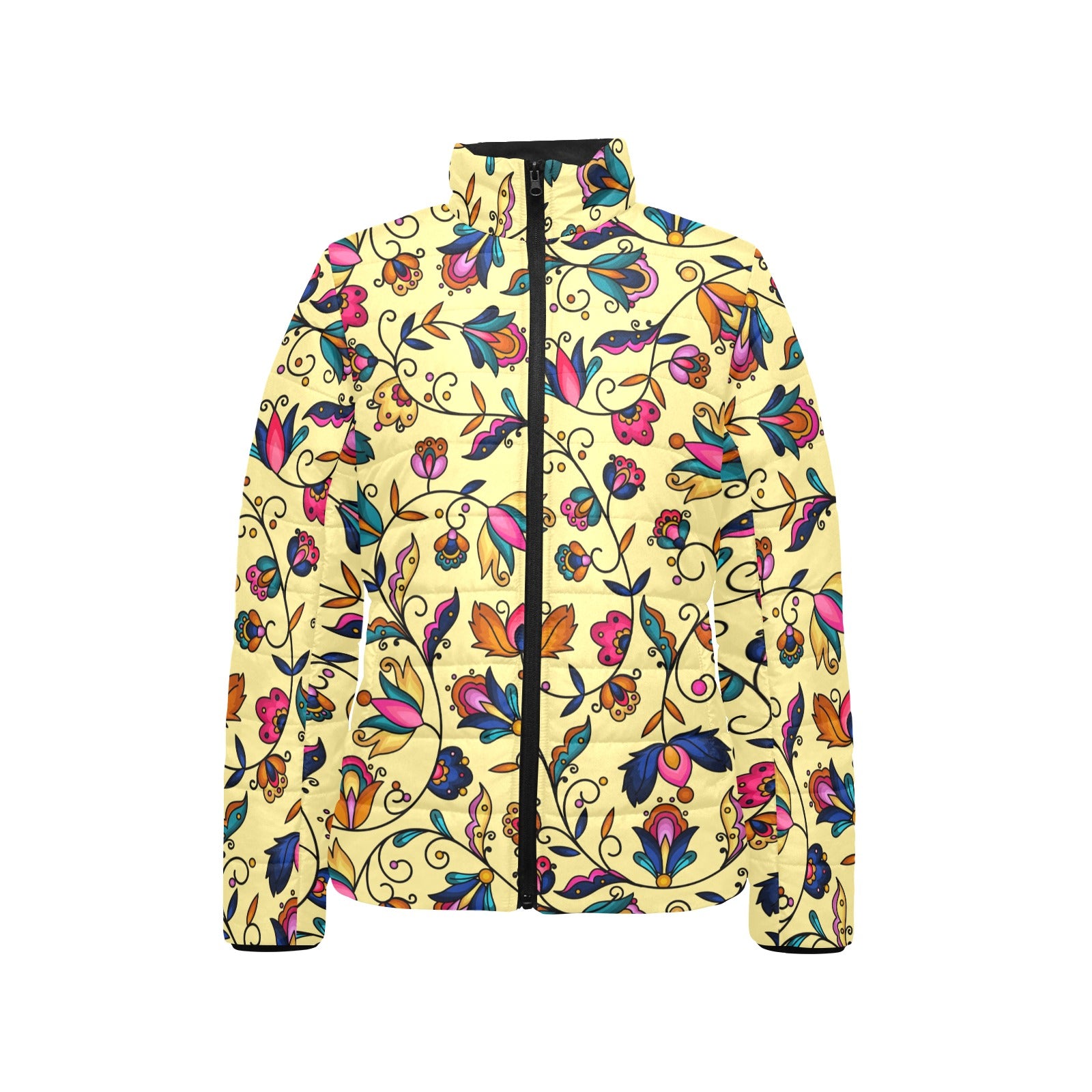Copper Prairie Petals Yellow Women's Stand Collar Padded Jacket