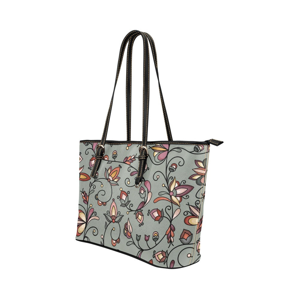 Burnt Sky Petals Green Leather Tote Bag/Large