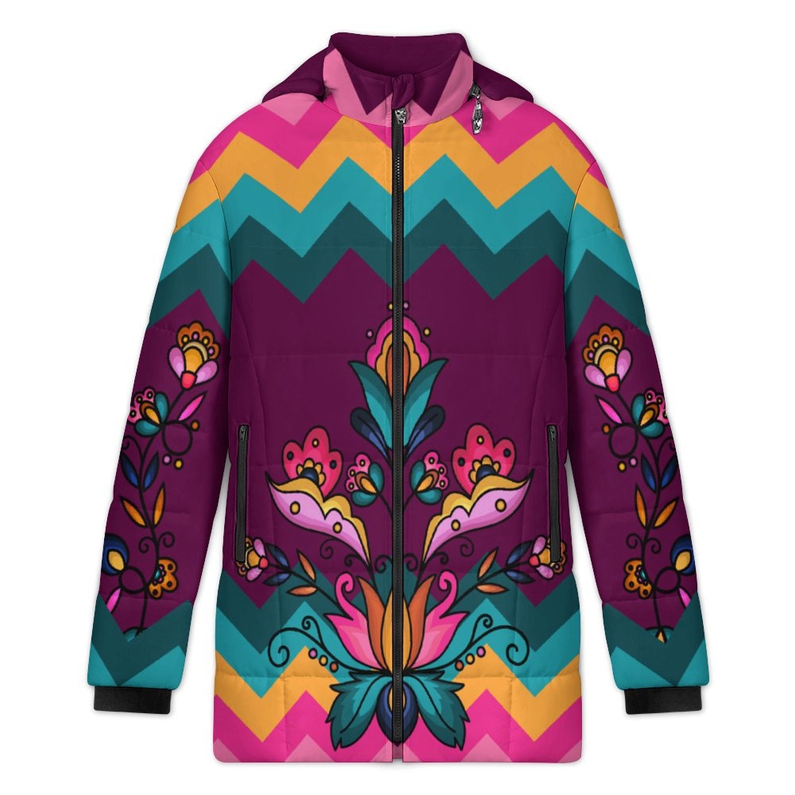 Copper Prairie Petals Women's Hooded Puffer Coat