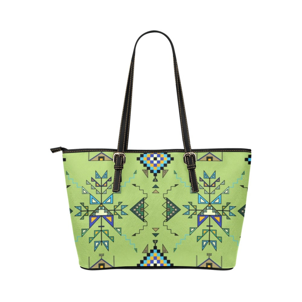 Bear Shield Green Leather Tote Bag/Large