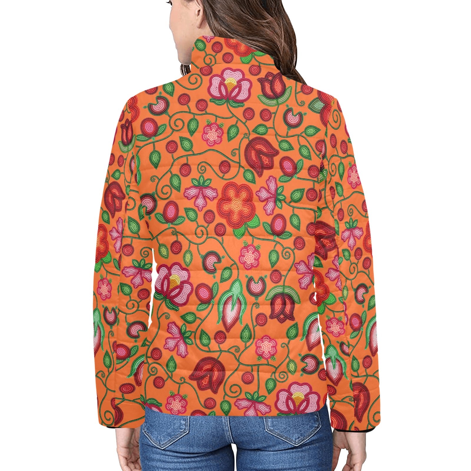 Rose Reverie Orange Women's Stand Collar Padded Jacket