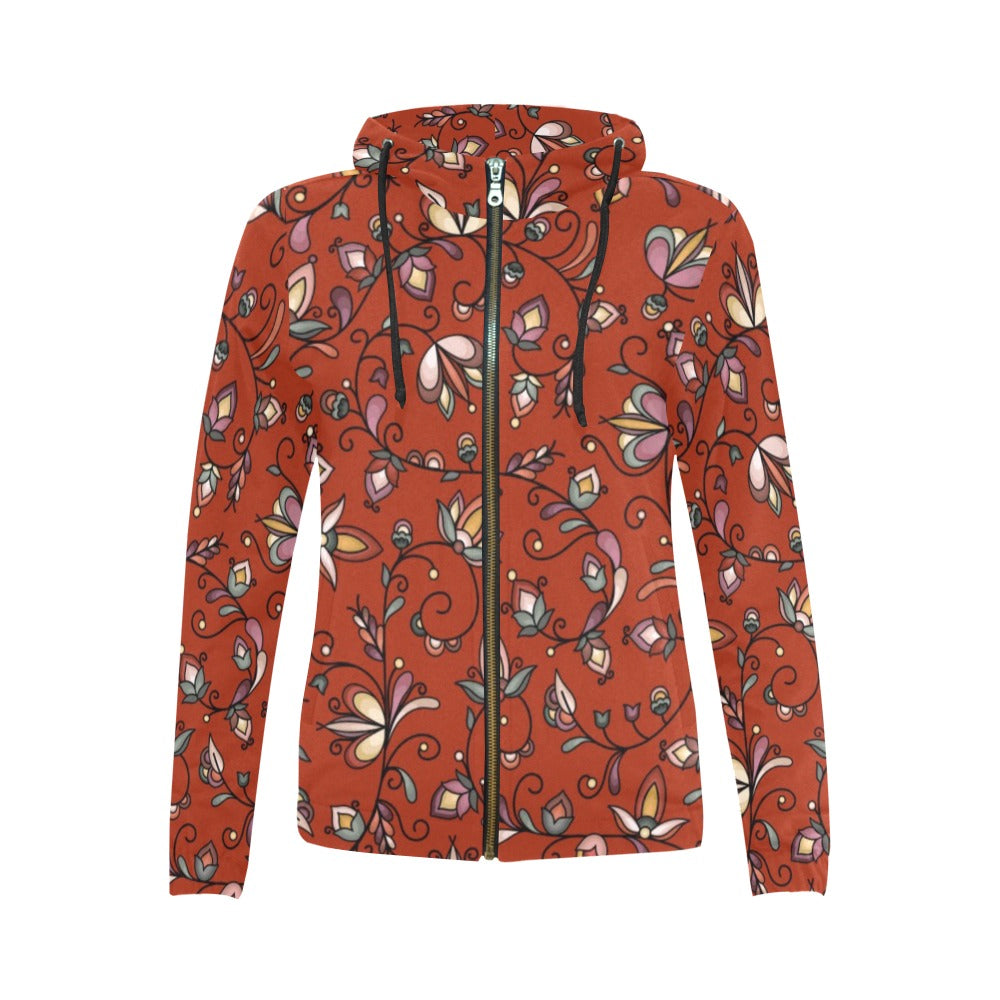 Burnt Sky Petals Red Full Zip Hoodie for Women