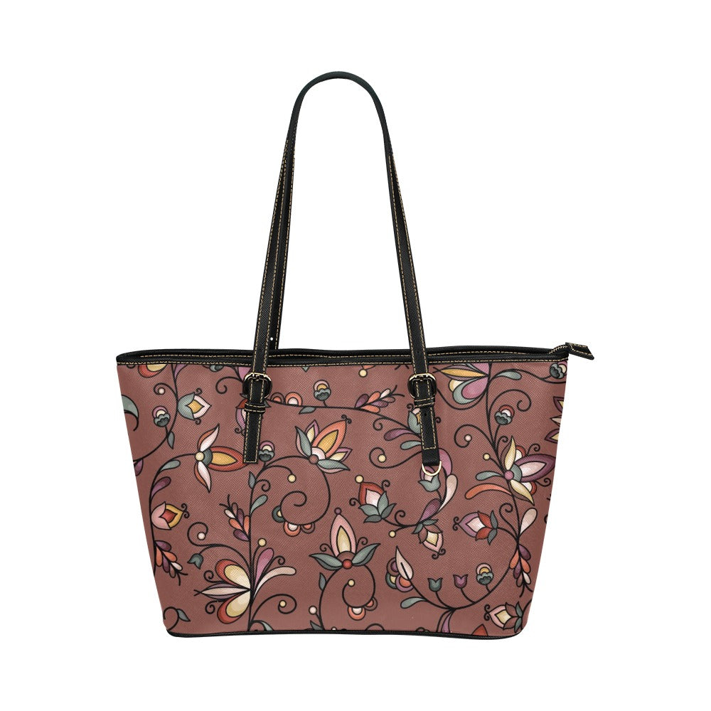Burnt Sky Petals Brown Leather Tote Bag/Large