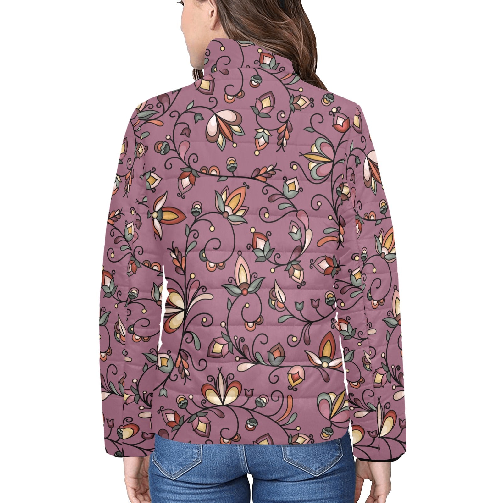 Burnt Sky Petals Magenta Women's Stand Collar Padded Jacket