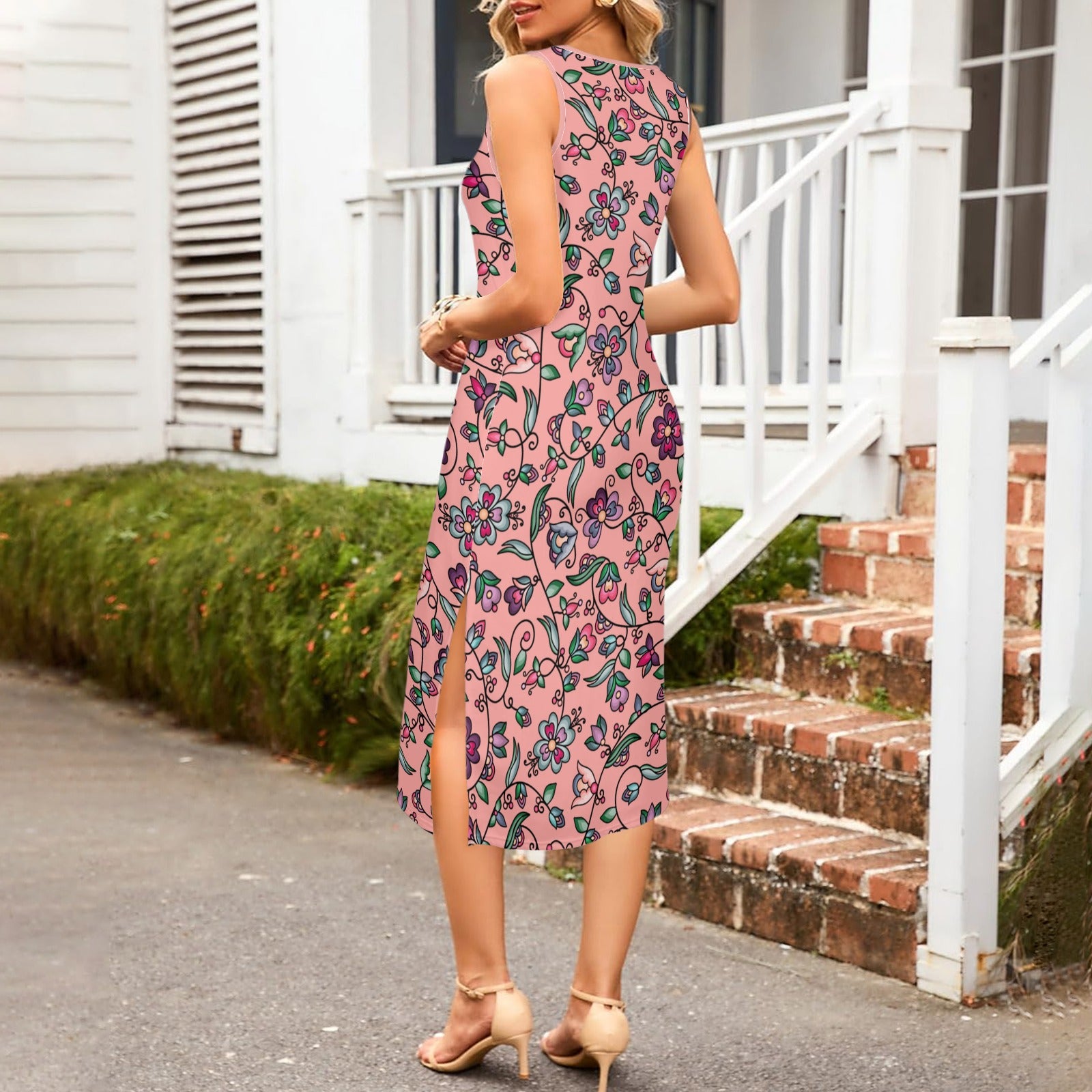 Amber Evening Garland Peach Phaedra Sleeveless Open Fork Long Dress