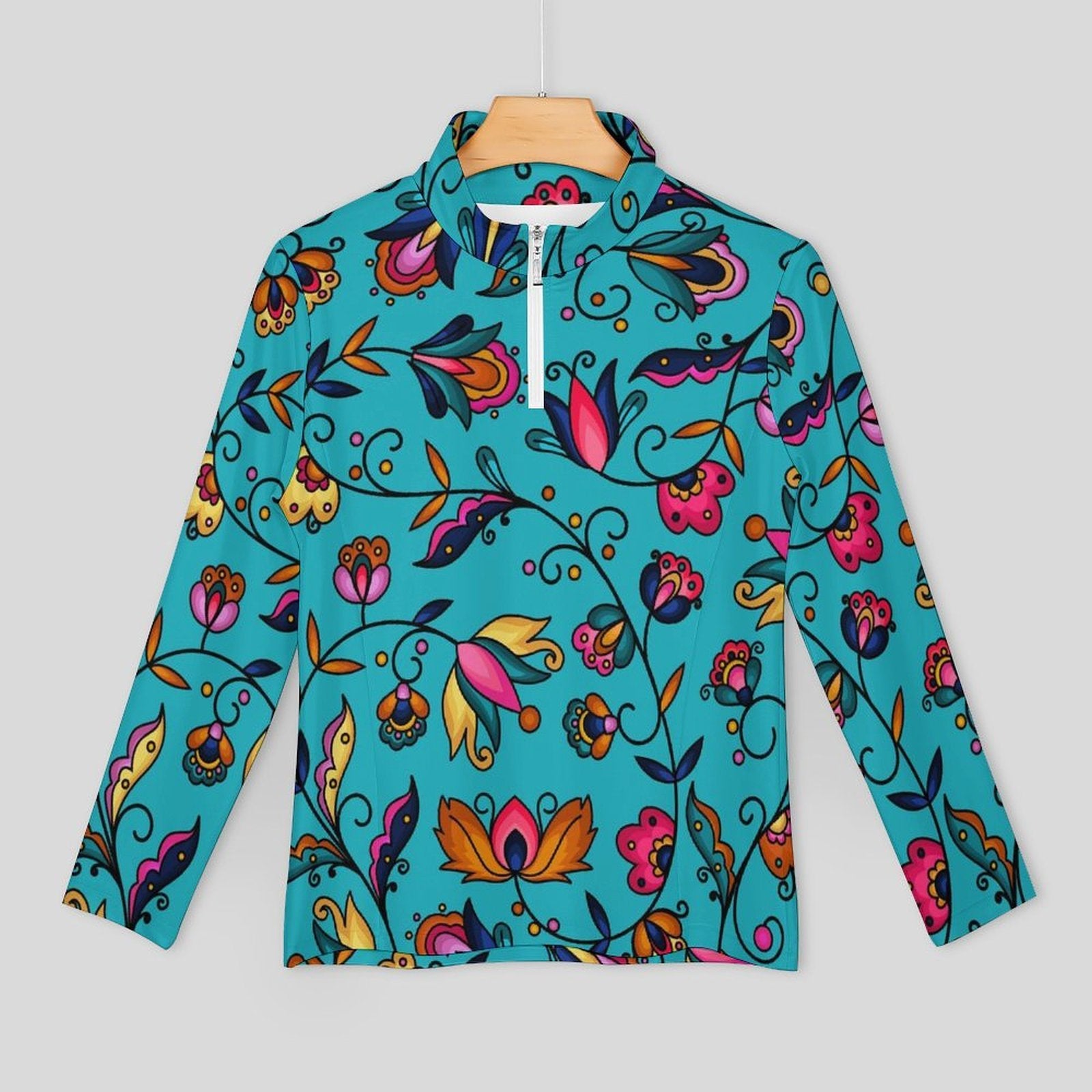 Copper Prairie Petals Turquoise Long Sleeve Yoga Shirt