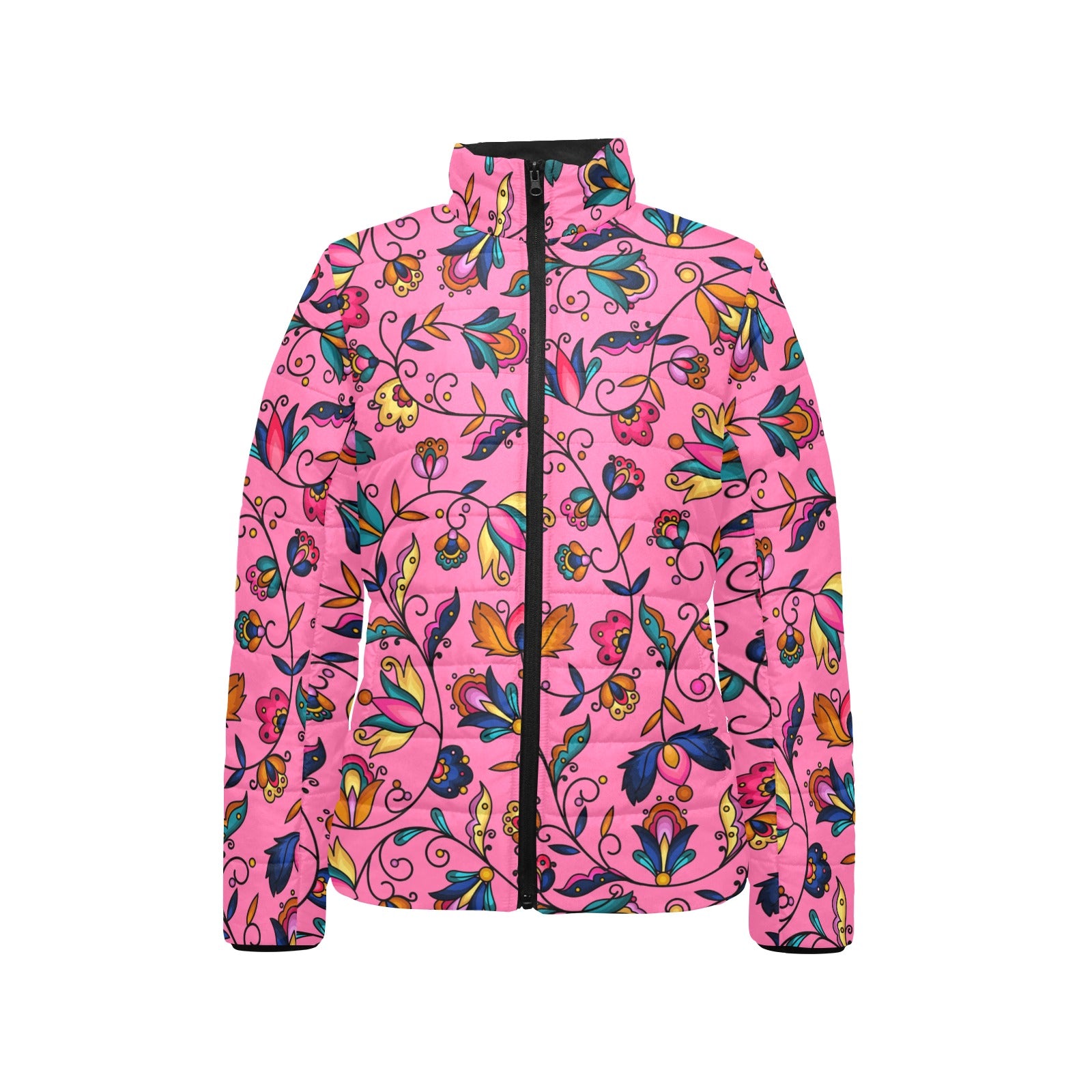 Copper Prairie Petals Pink Women's Stand Collar Padded Jacket