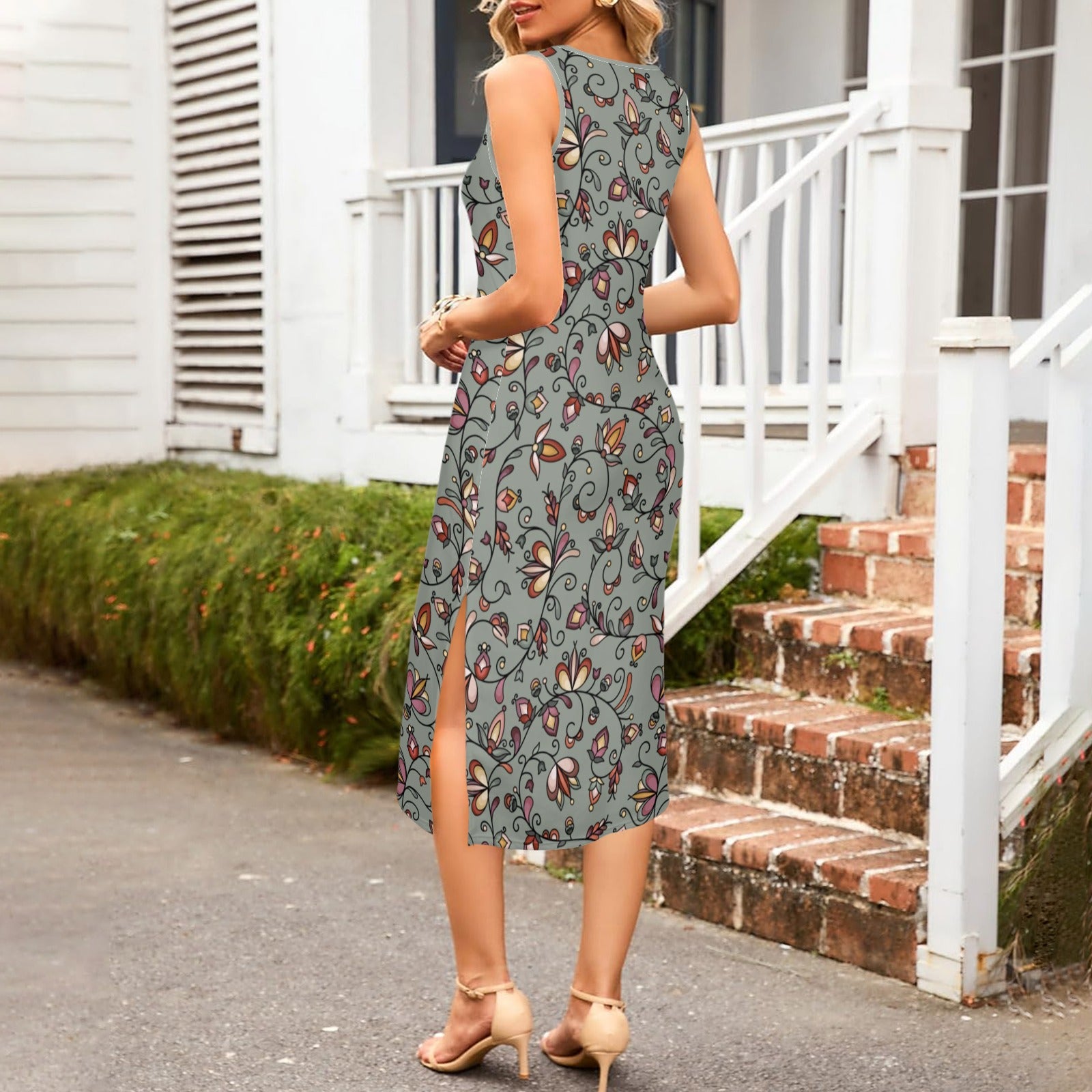 Burnt Sky Petals Green Phaedra Sleeveless Open Fork Long Dress