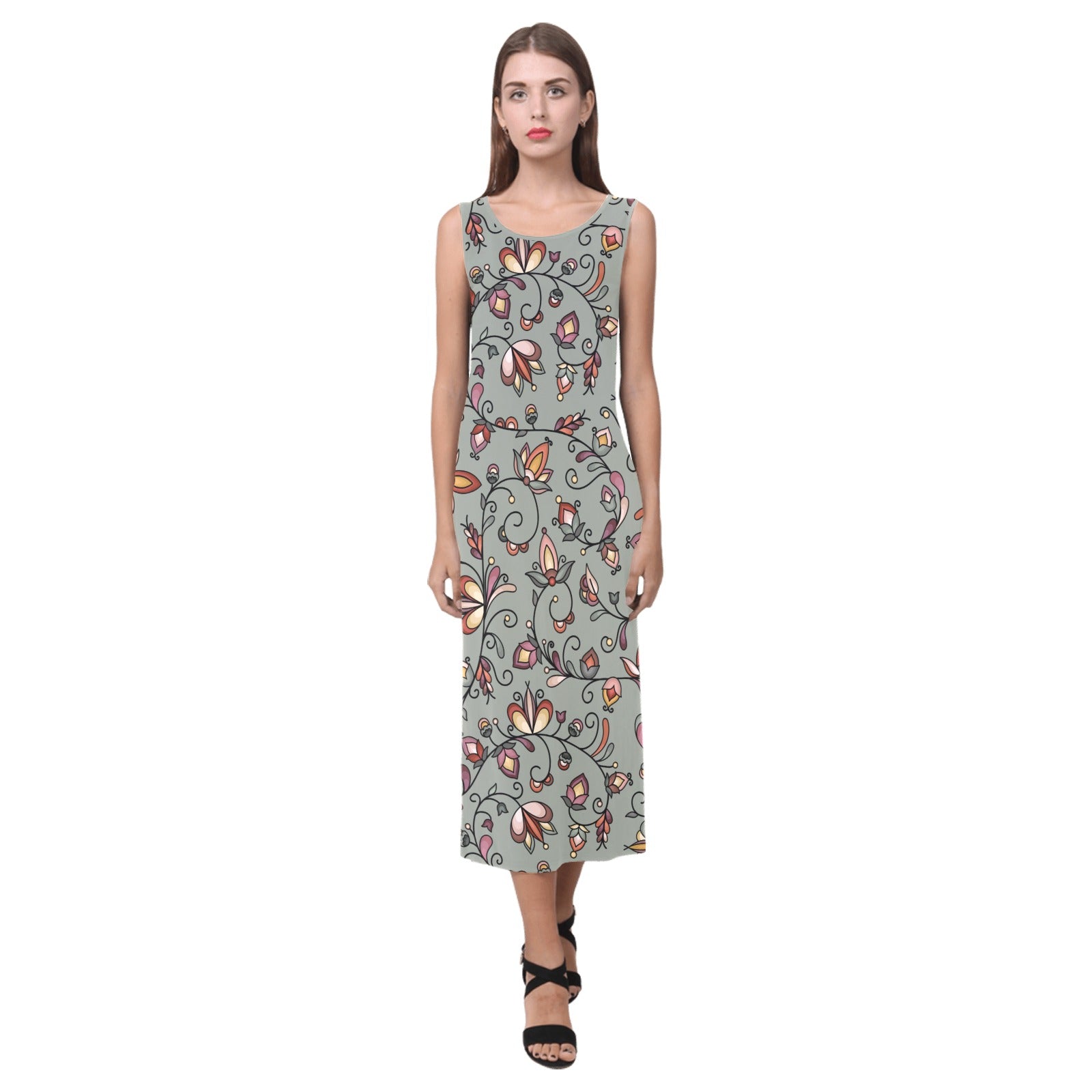 Burnt Sky Petals Green Phaedra Sleeveless Open Fork Long Dress