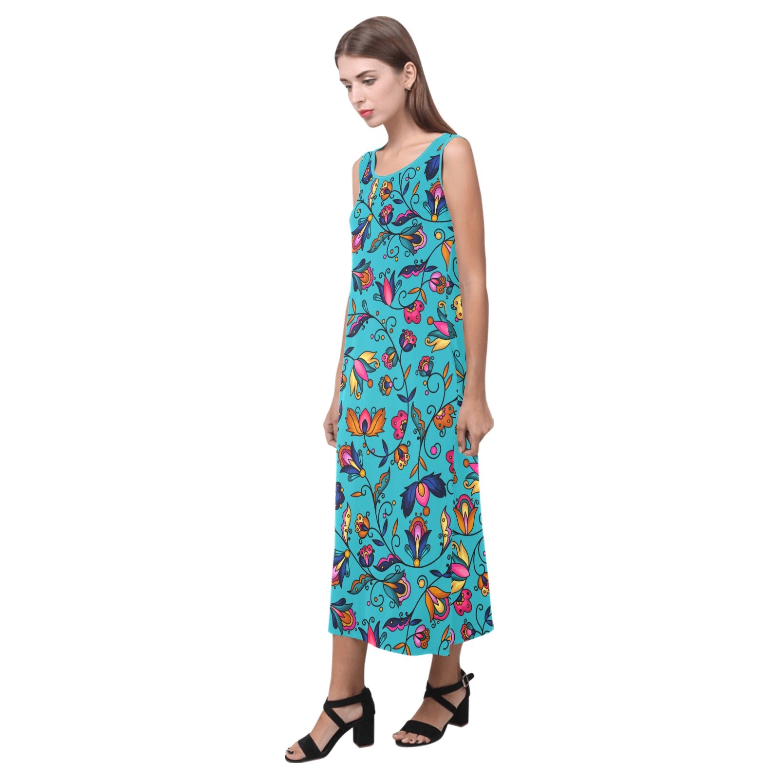 Copper Prairie Petals Turquoise Phaedra Sleeveless Open Fork Long Dress
