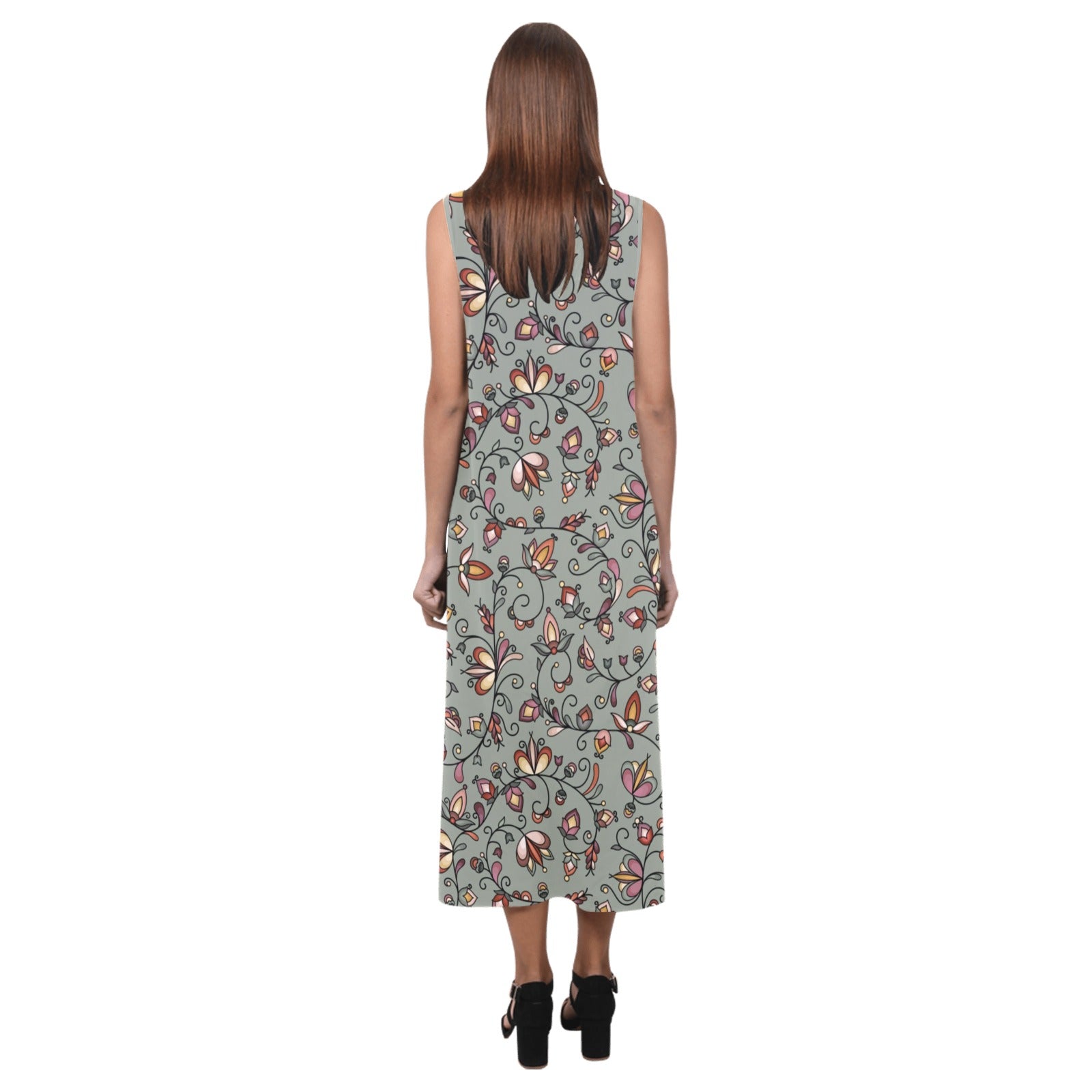 Burnt Sky Petals Green Phaedra Sleeveless Open Fork Long Dress