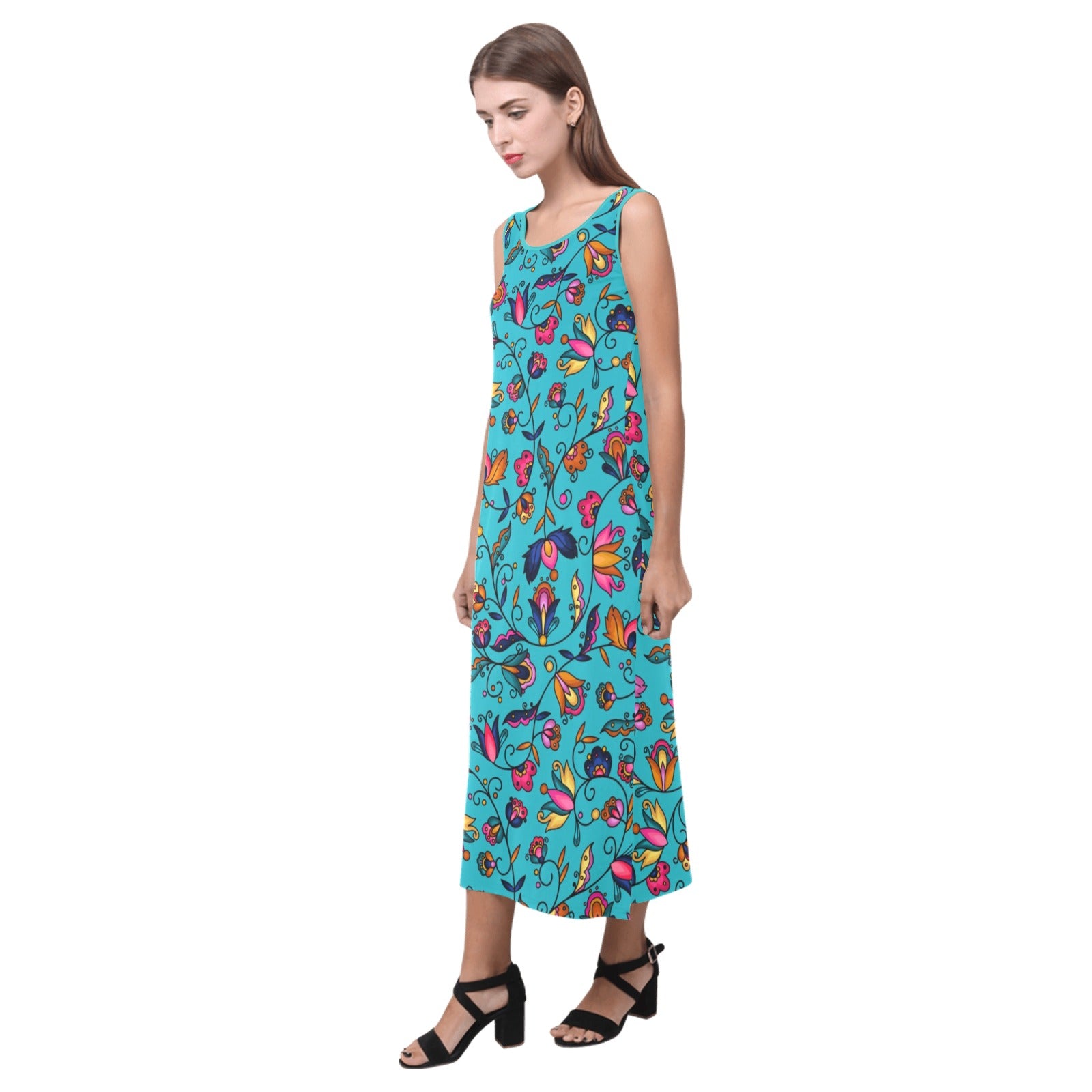 Copper Prairie Petals Turquoise Phaedra Sleeveless Open Fork Long Dress