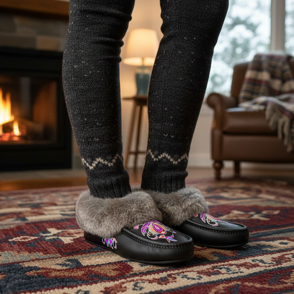 Frosted Leaf Spirit Brown Leather Mottled Fur Moccasin