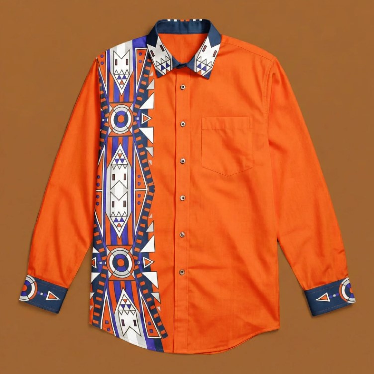 Blooming Spirit Geometric Orange Men's Casual Dress Shirt
