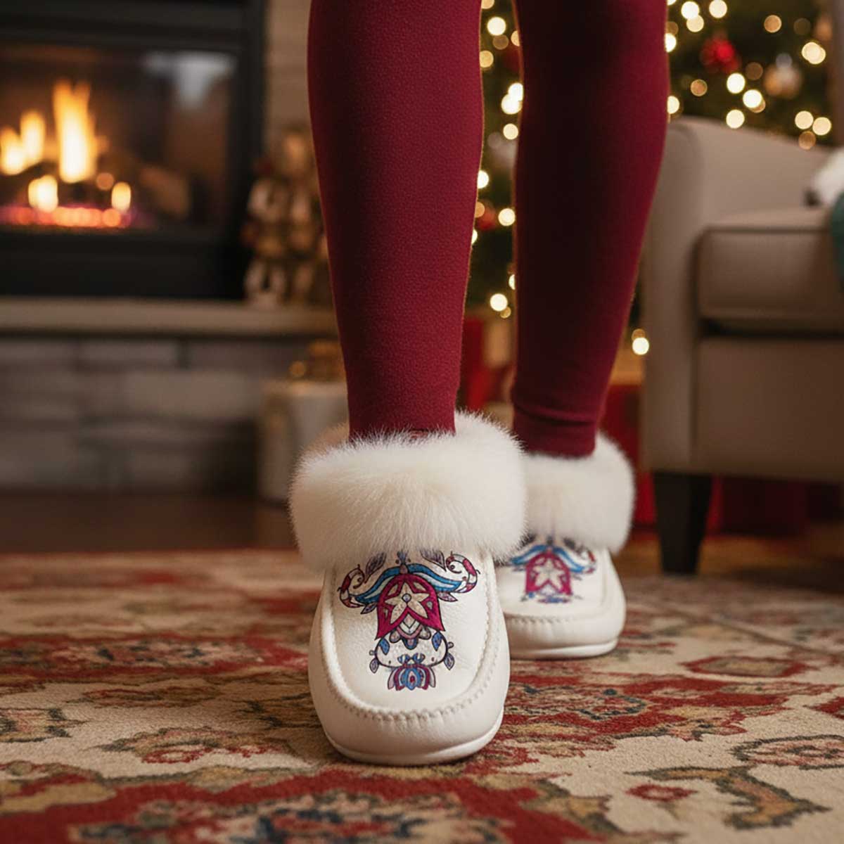 Northern Ember White Leather White Fur Moccasin