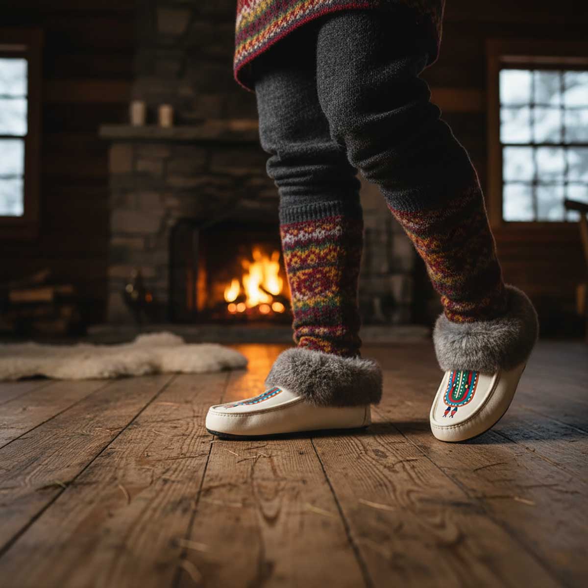 River Hold White Leather Mottled Fur Moccasin