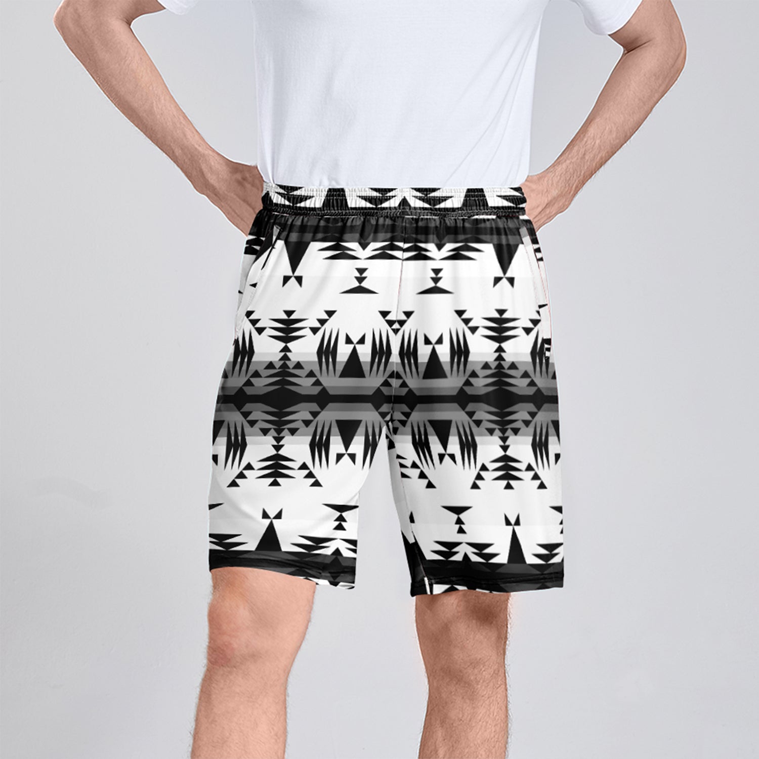 Between the Mountains White and Black Athletic Shorts with Pockets