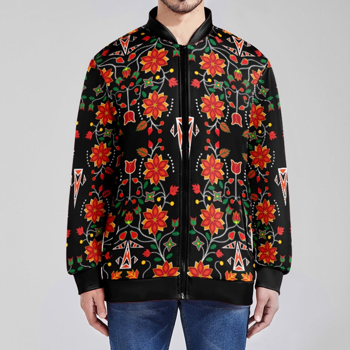 Floral Beadwork Six Bands Youth Zippered Collared Lightweight Jacket