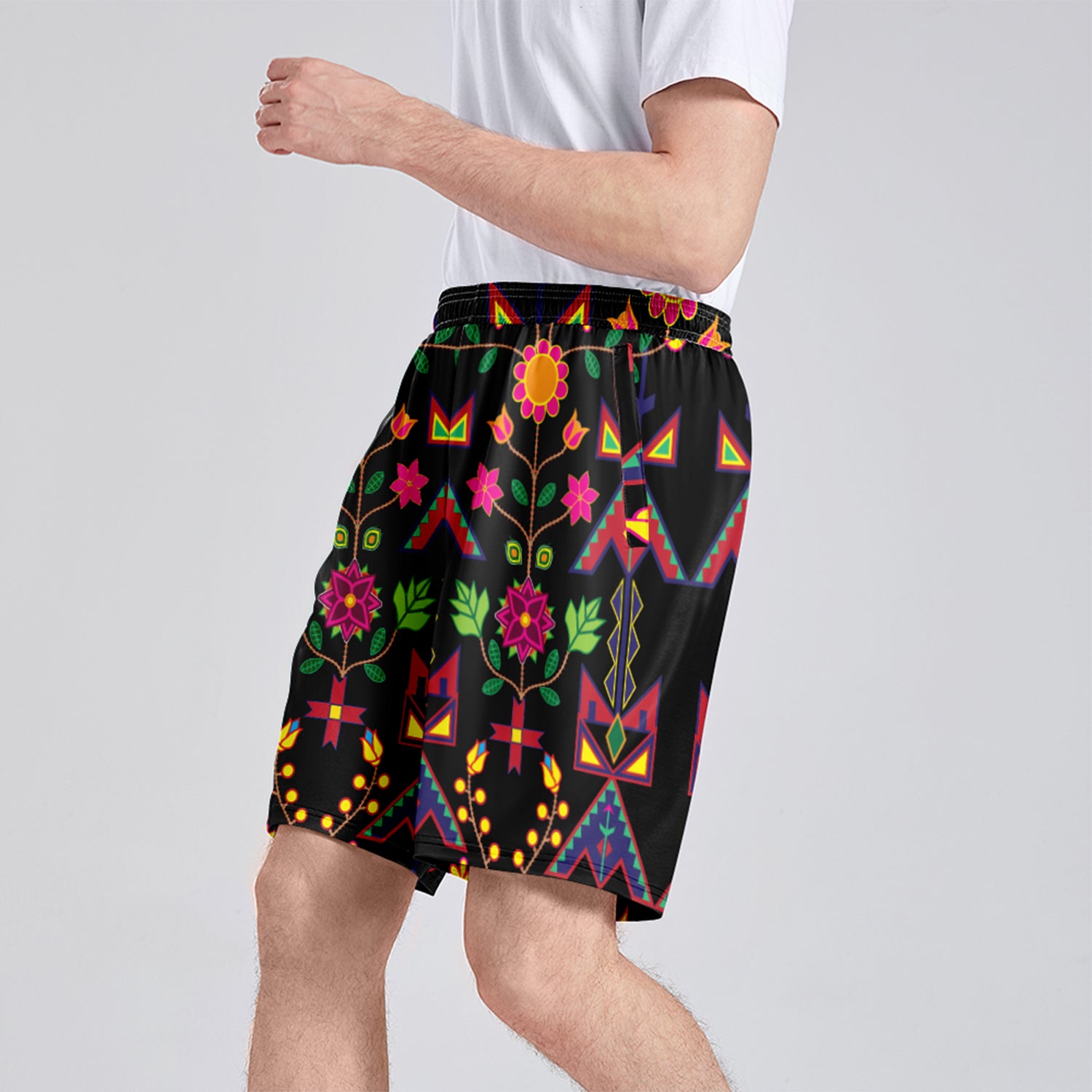 Geometric Floral Spring Black Athletic Shorts with Pockets