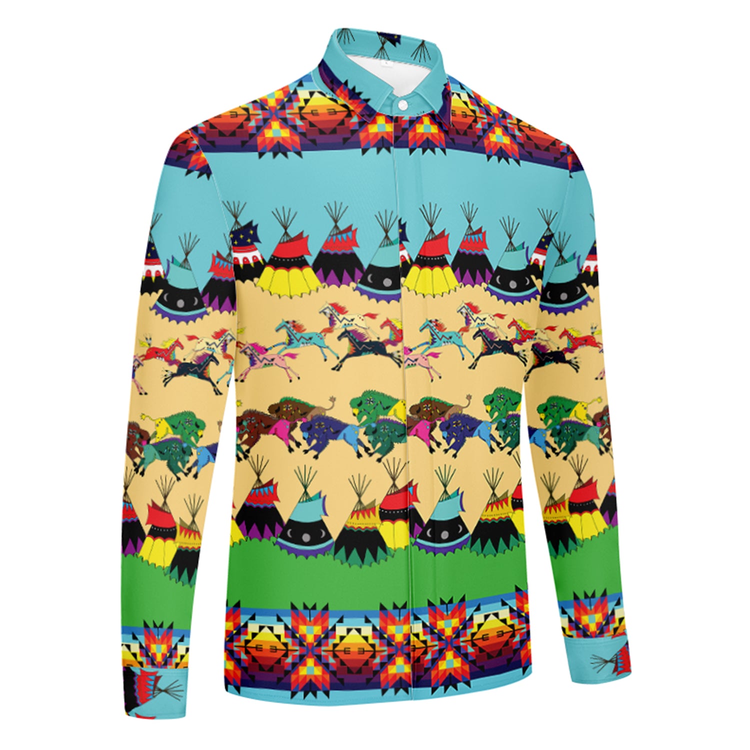 Horses and Buffalo Ledger Torquoise Men's Long Sleeve Dress Shirt