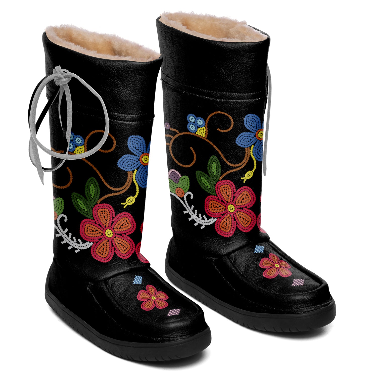 Flower Beadwork People Black Real Leather MocLux