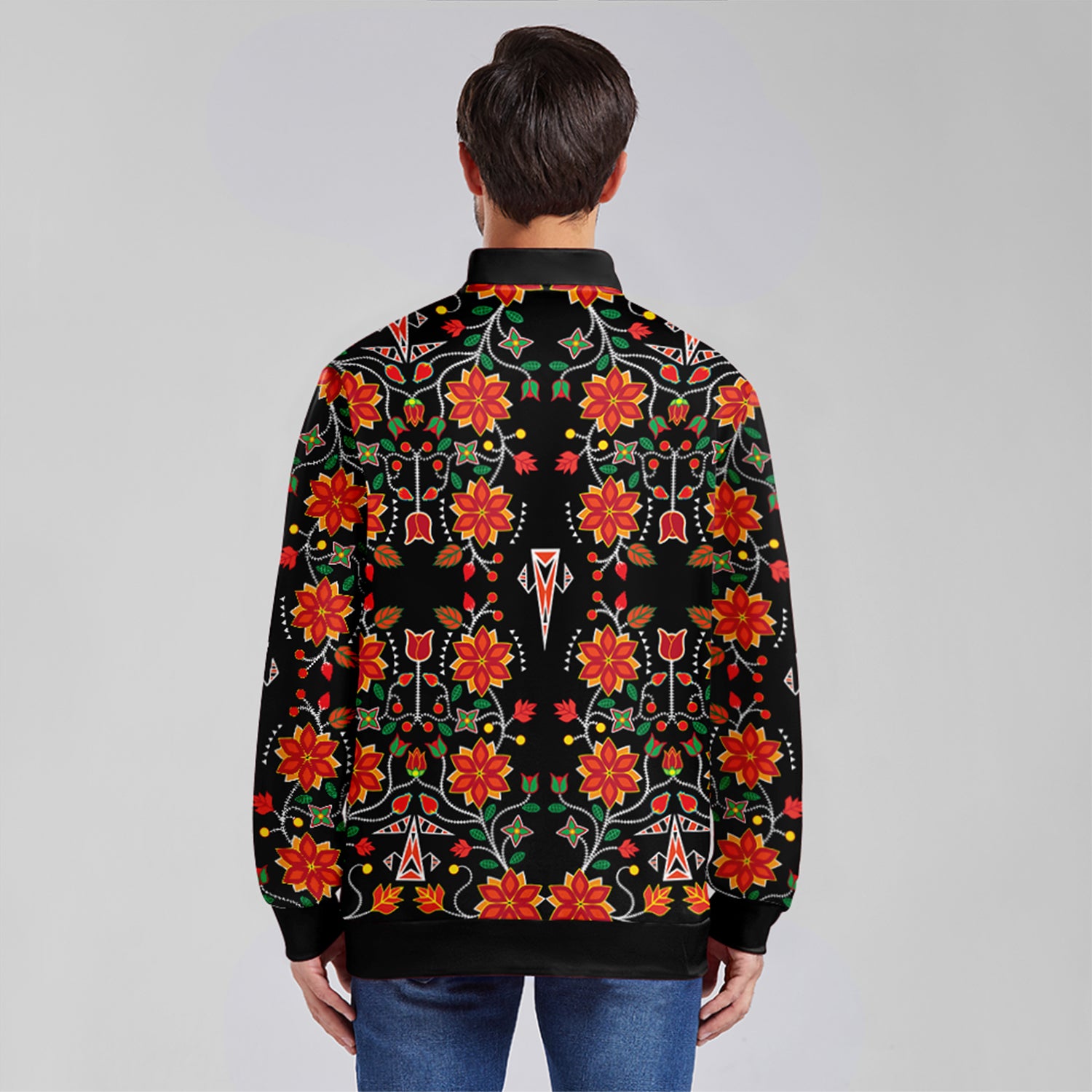 Floral Beadwork Six Bands Zippered Collared Lightweight Jacket
