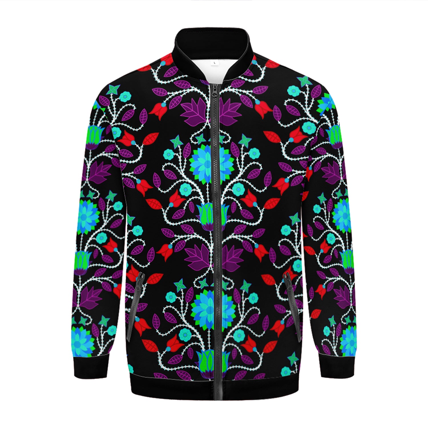 Floral Beadwork Four Clans Winter Zippered Collared Lightweight Jacket