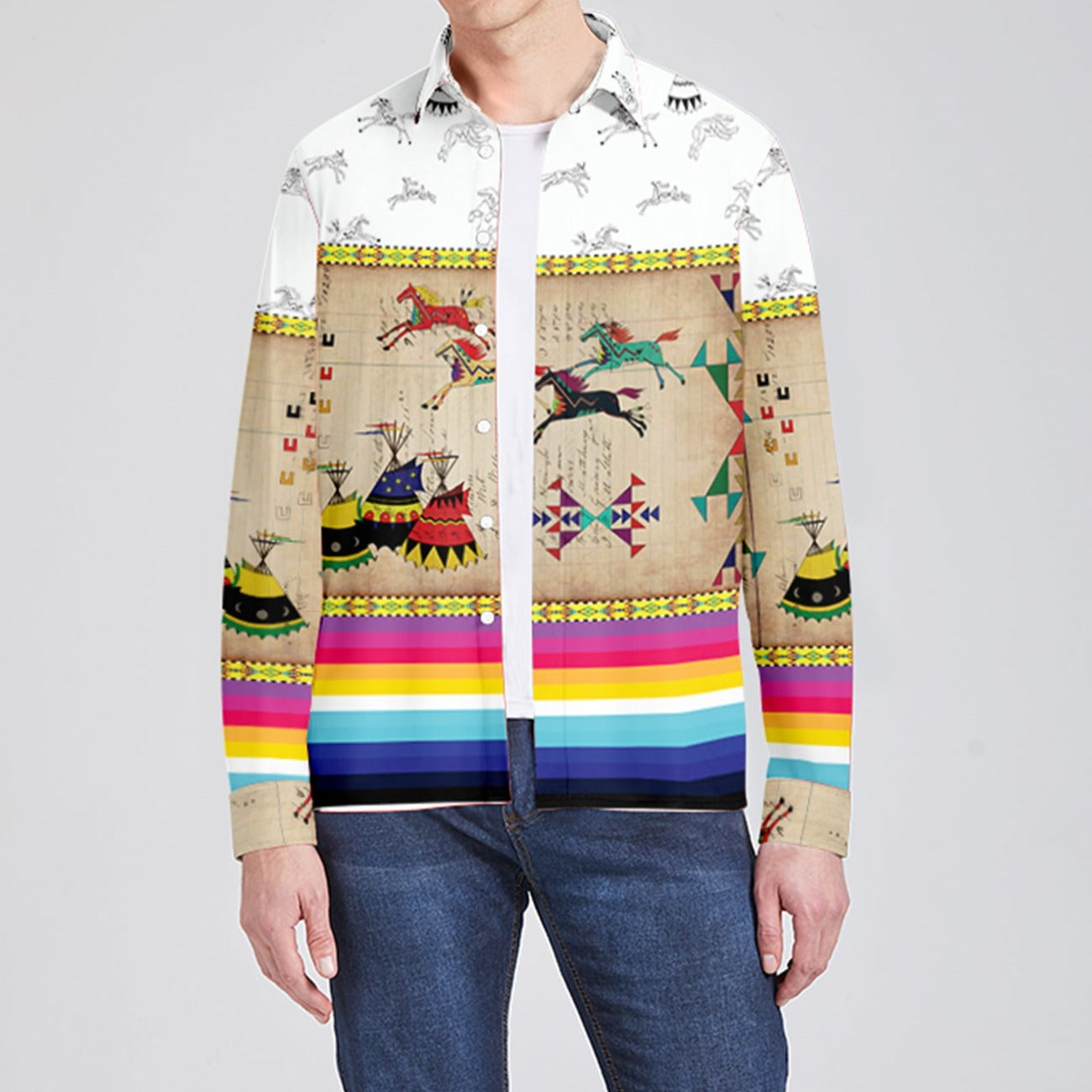 Horses Running White Clay Men's Long Sleeve Dress Shirt