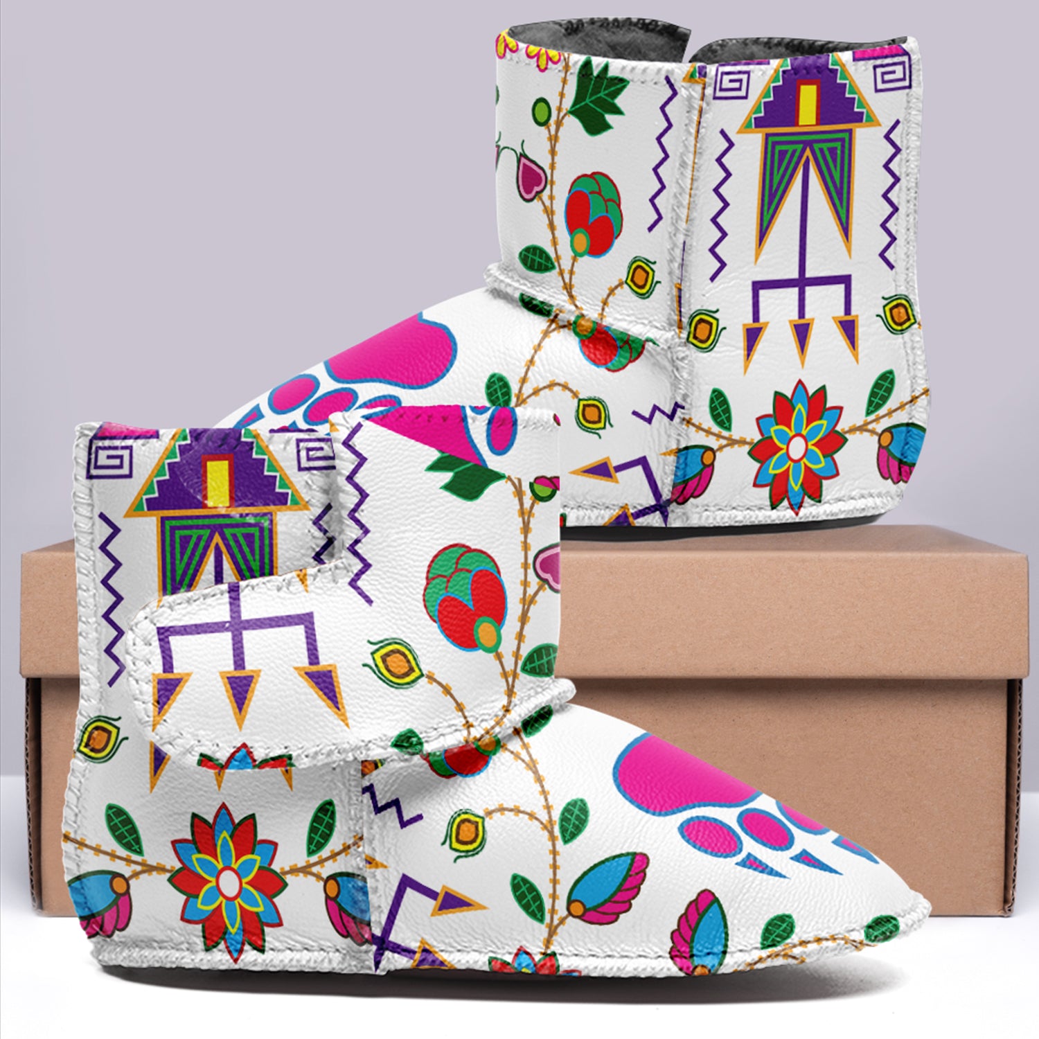 Geometric Floral Fall White Baby Boots