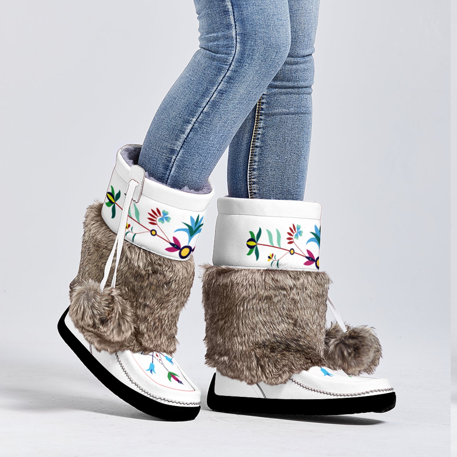 New Age Quill Real White Leather MocLux with Fur