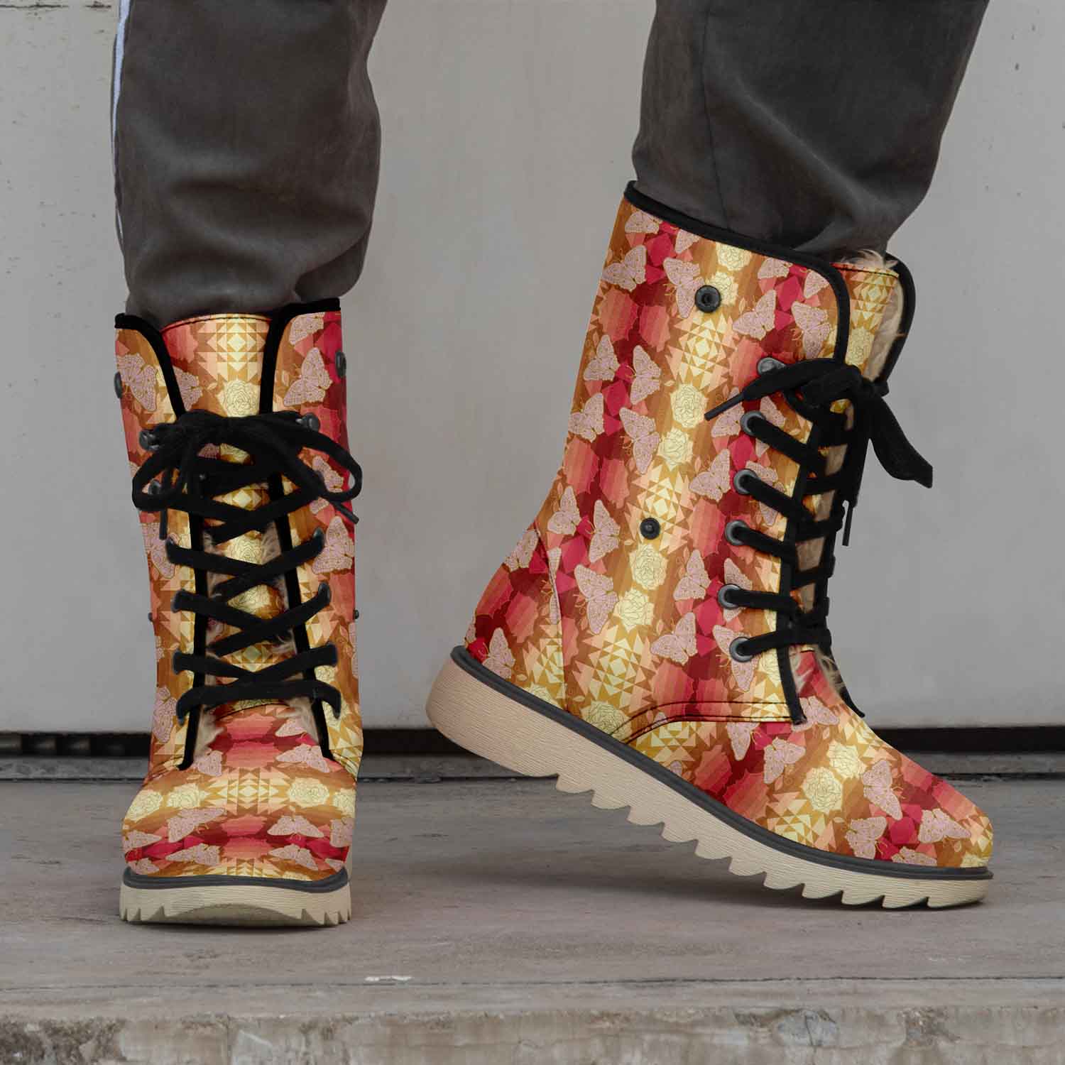 Butterfly and Roses on Geometric Polar Winter Boots