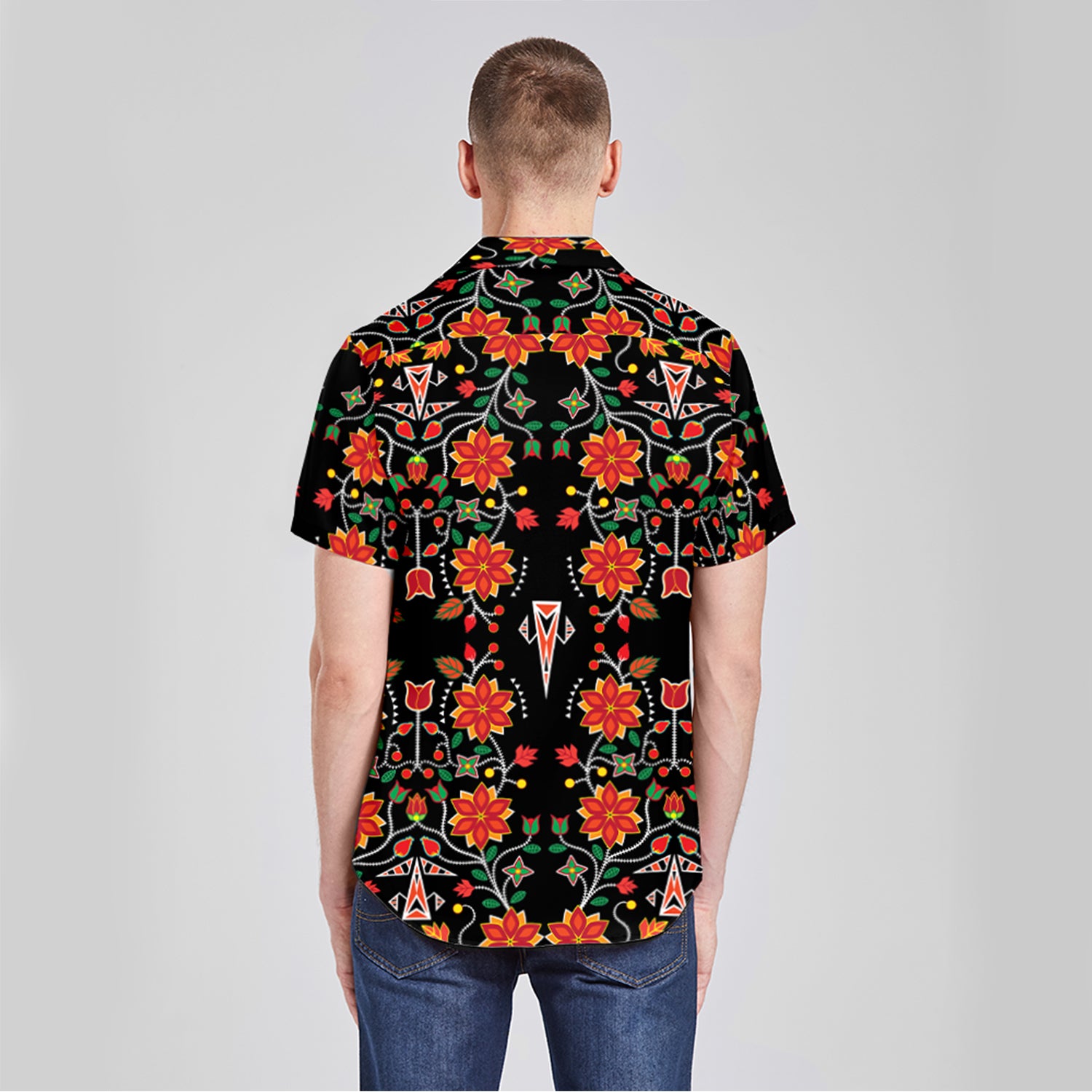 Floral Beadwork Six Bands Button Up Silk Shirt