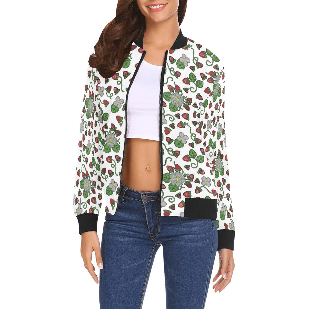 Strawberry Dreams White All Over Print Bomber Jacket for Women